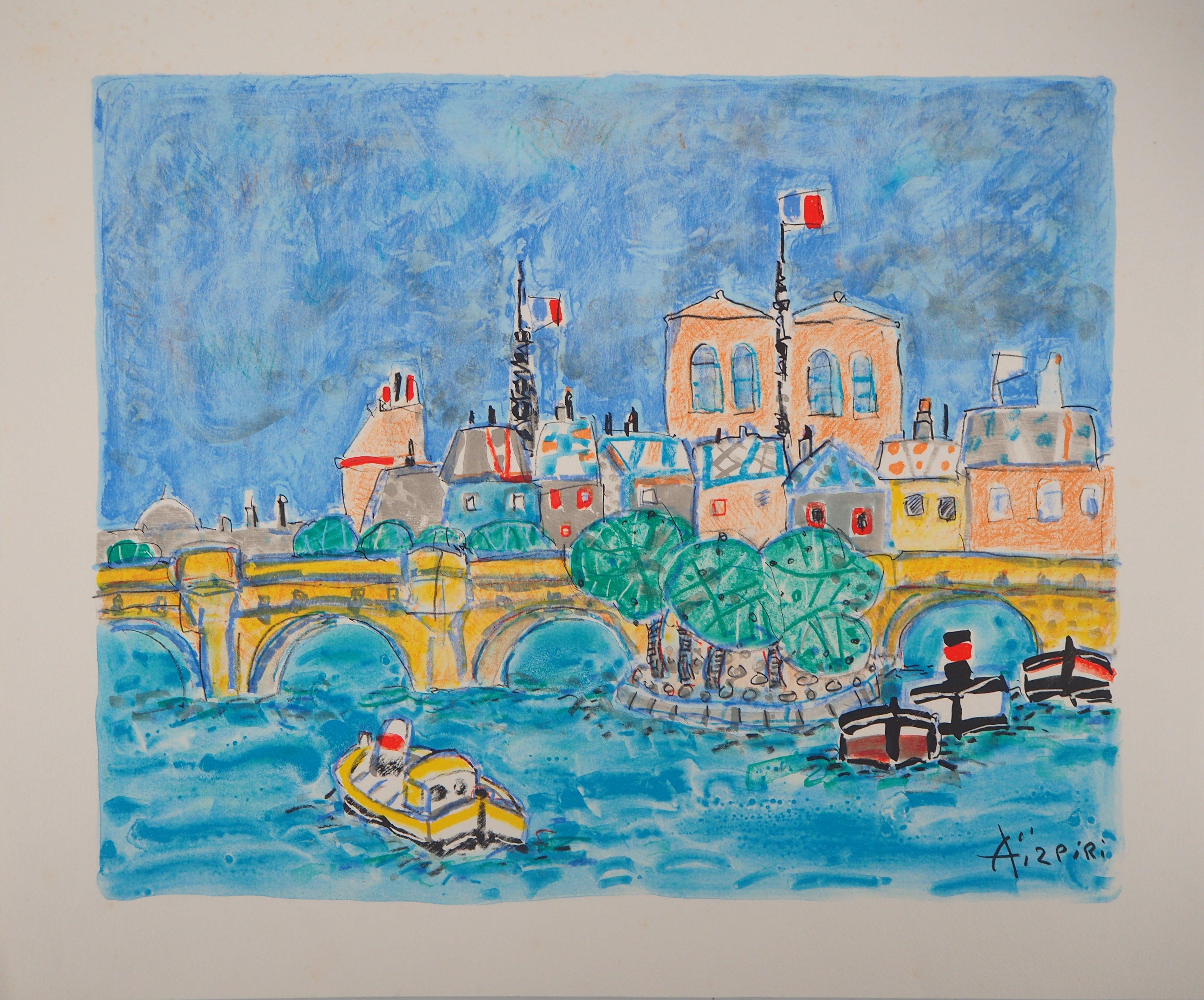 Paul Aizpiri Landscape Print - Paris : Notre Dame and Boats on the Seine River - Original lithograph
