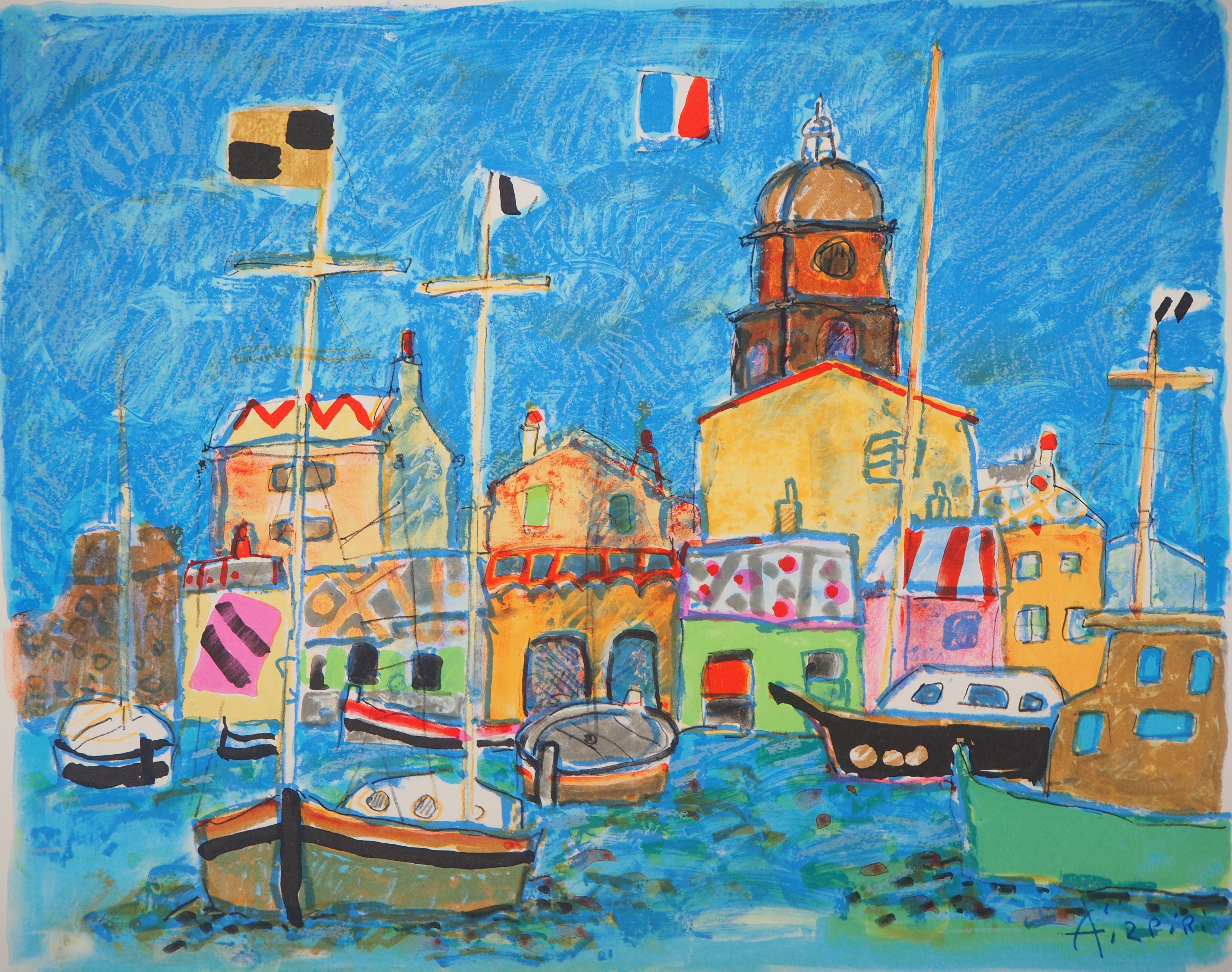 Saint Tropez : The Small Harbor - Original lithograph - Modern Print by Paul Aizpiri