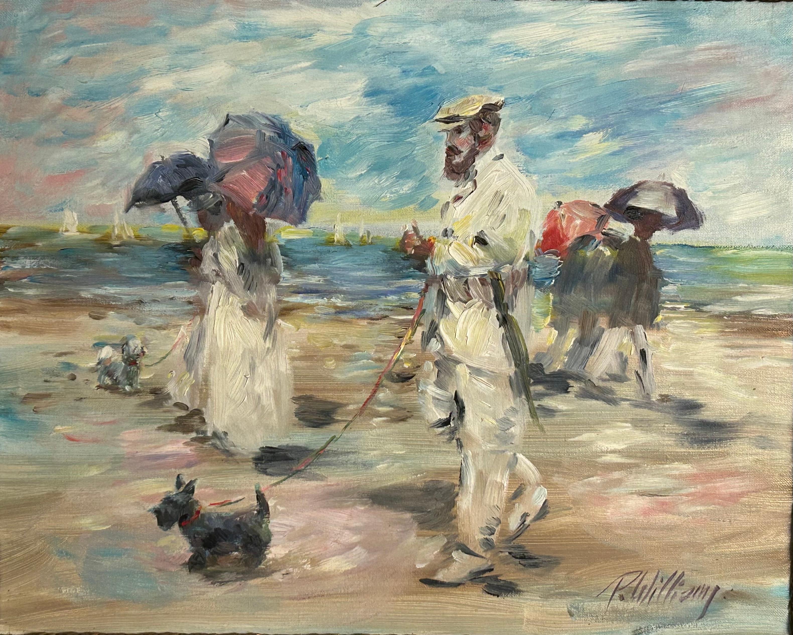 Impressionist style oil on canvas. People walking on the beach with dogs and parasols. Paul was from Weston Connecticut and a member of the Society of Illustrators, the Society of American Impressionists and other Guilds. He is listed in Who’s Who