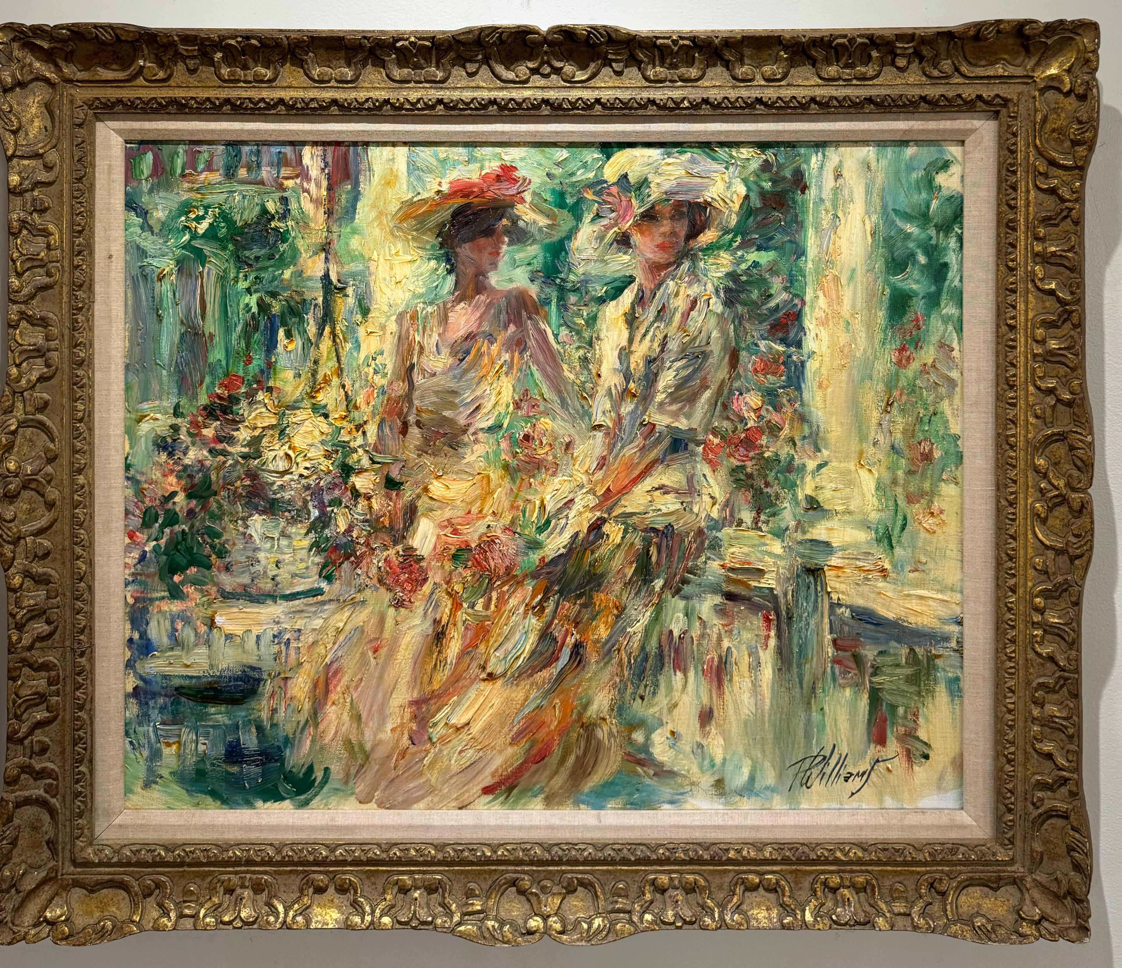 IMPRESSIONISTA americana Donna ritagliata con cappelli e mazzo di fiori sulla veranda - Painting di paul alan williams