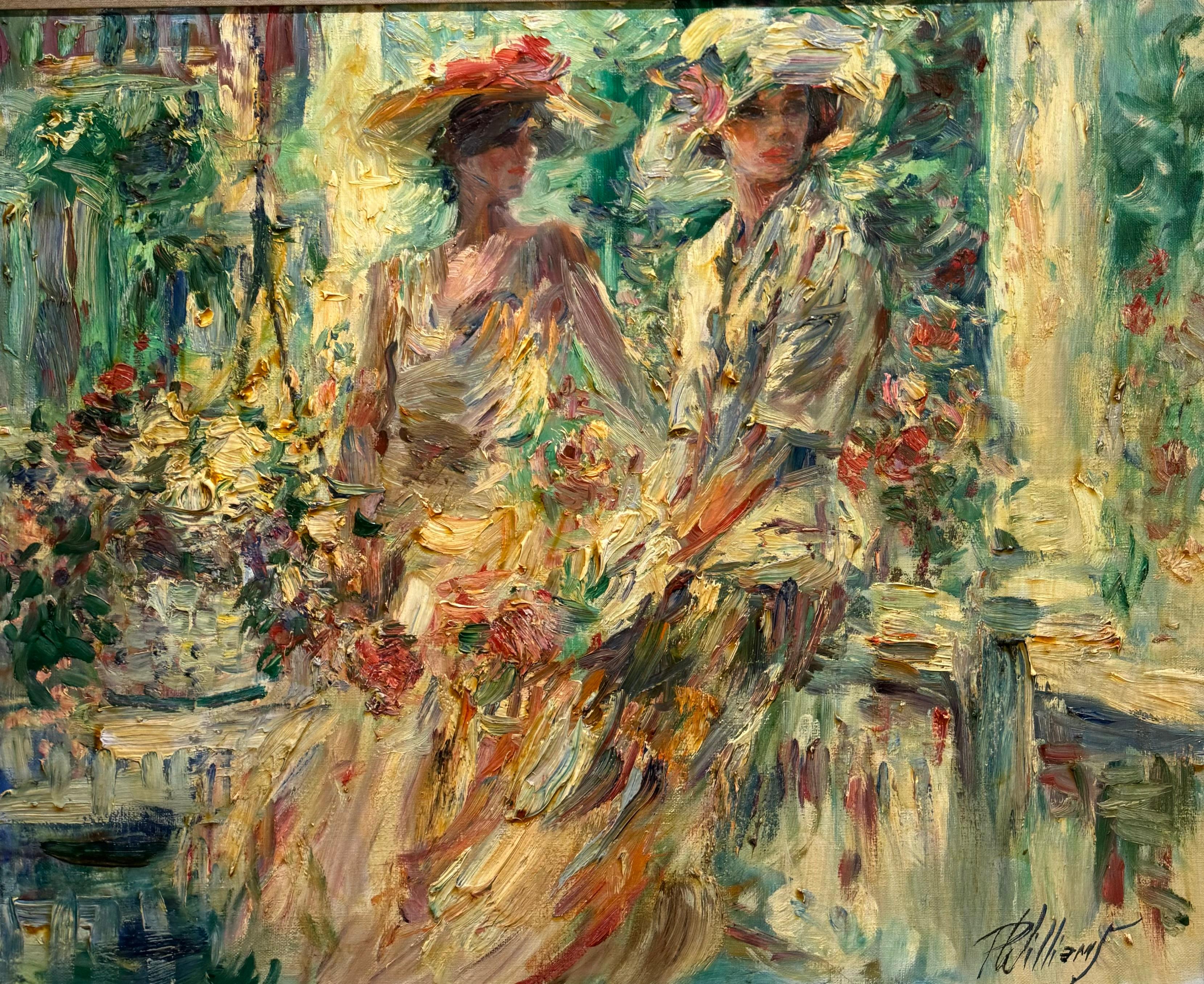 IMPRESSIONISTA americana Donna ritagliata con cappelli e mazzo di fiori sulla veranda - Painting Impressionismo di paul alan williams