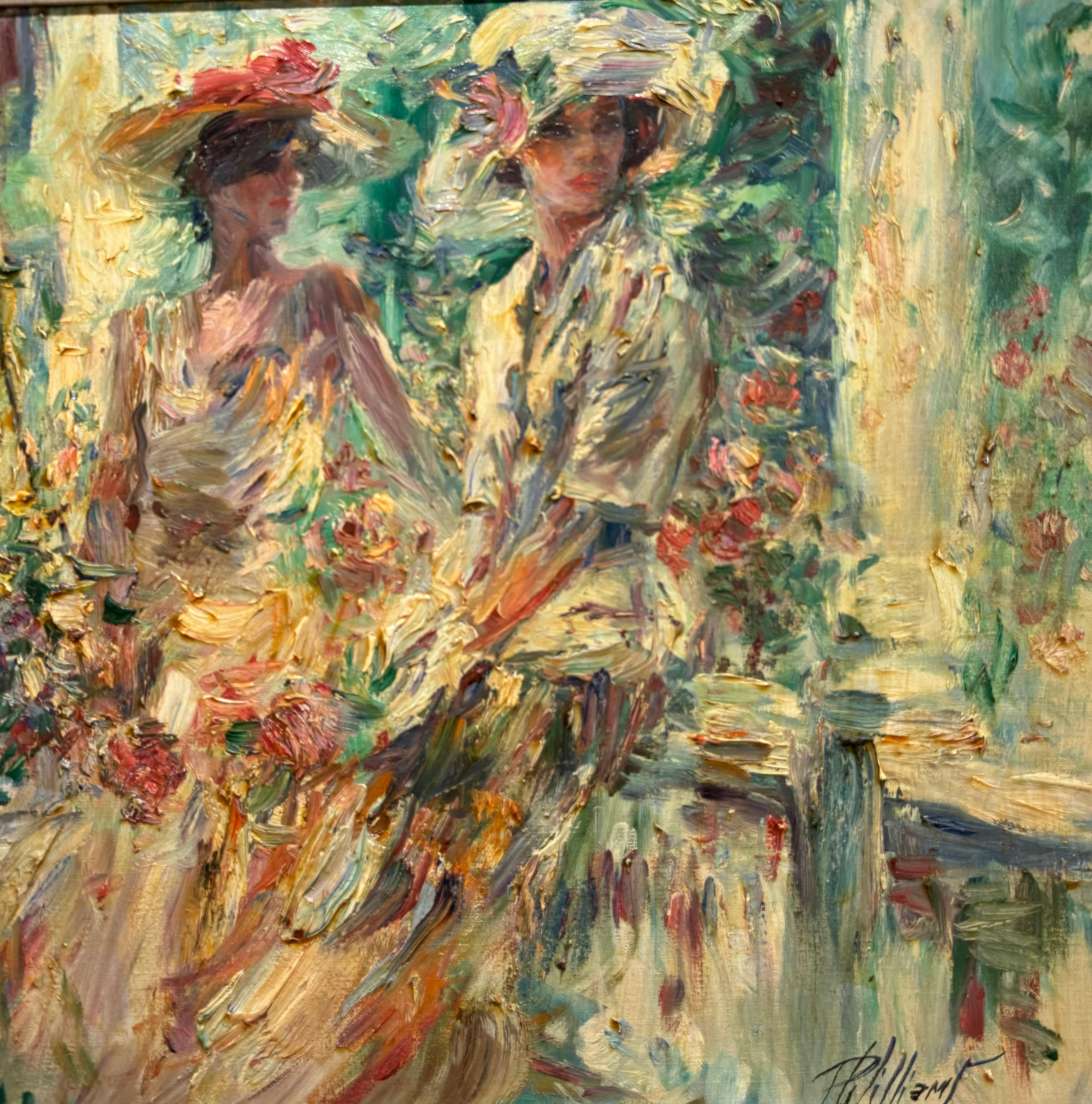 IMPRESSIONISTA americana Donna ritagliata con cappelli e mazzo di fiori sulla veranda - Landscape Painting Grigio di paul alan williams