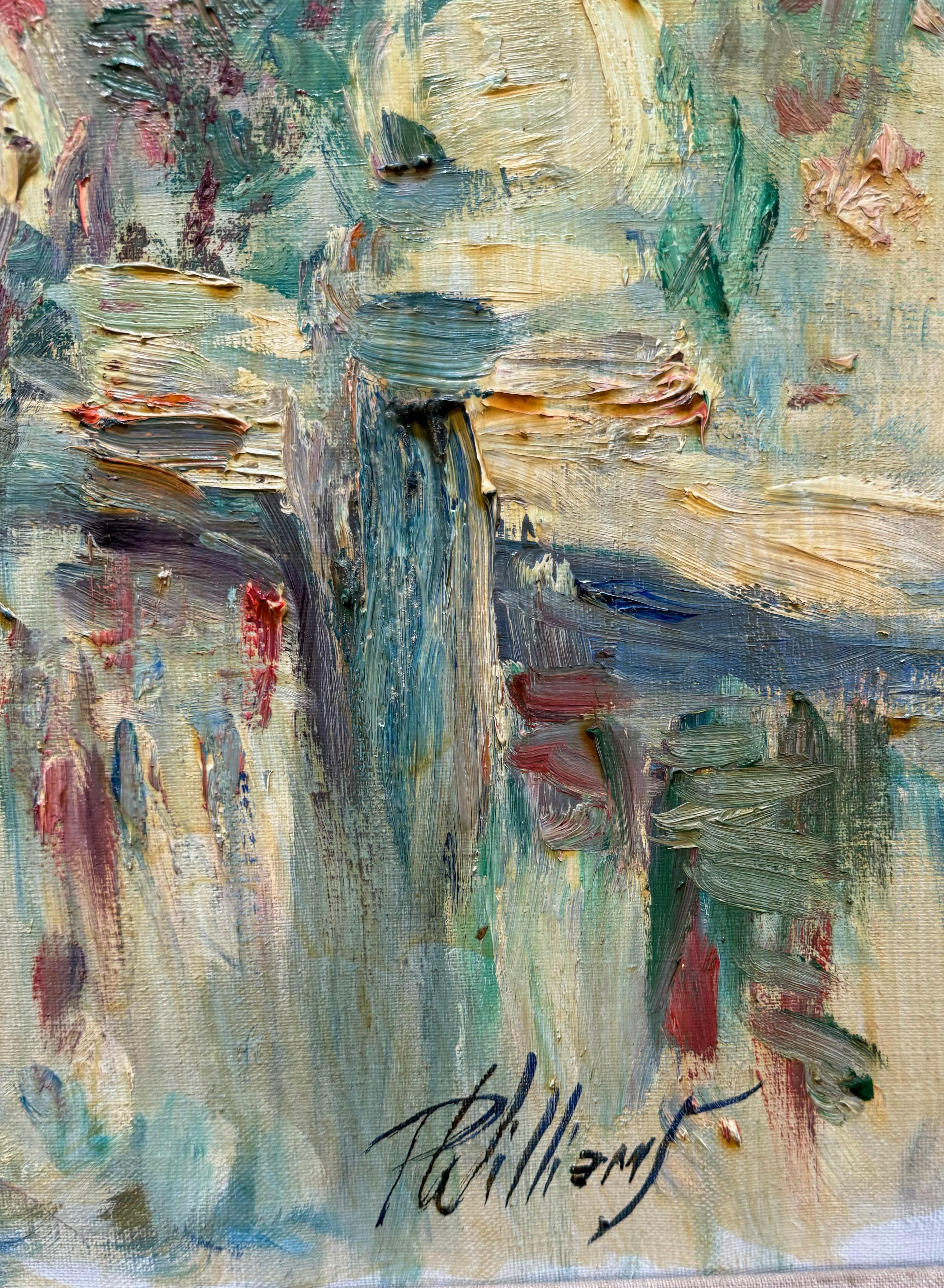 IMPRESSIONISTA americana Donna ritagliata con cappelli e mazzo di fiori sulla veranda in vendita 1