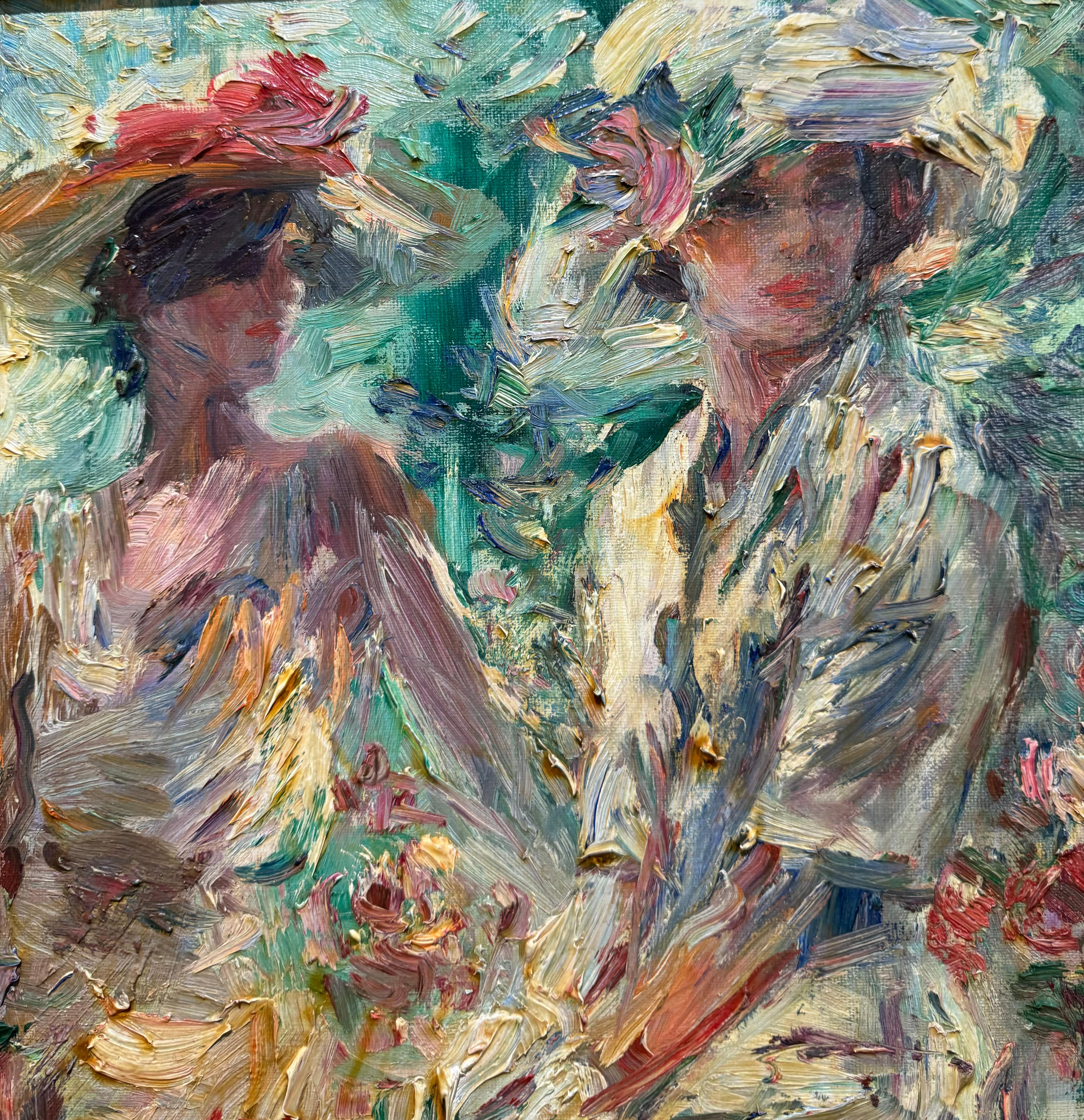 IMPRESSIONISTA americana Donna ritagliata con cappelli e mazzo di fiori sulla veranda in vendita 2