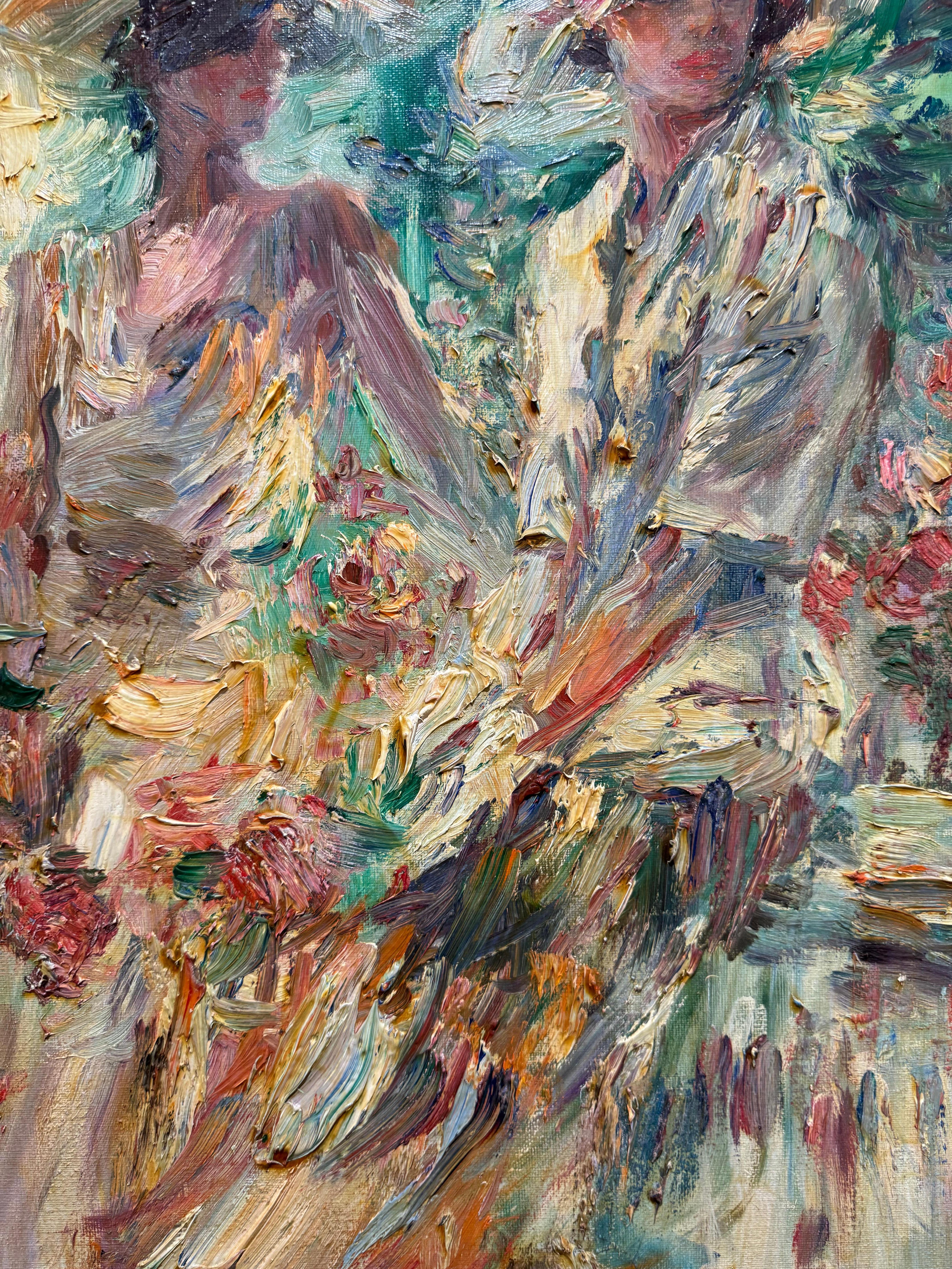 IMPRESSIONISTA americana Donna ritagliata con cappelli e mazzo di fiori sulla veranda in vendita 3