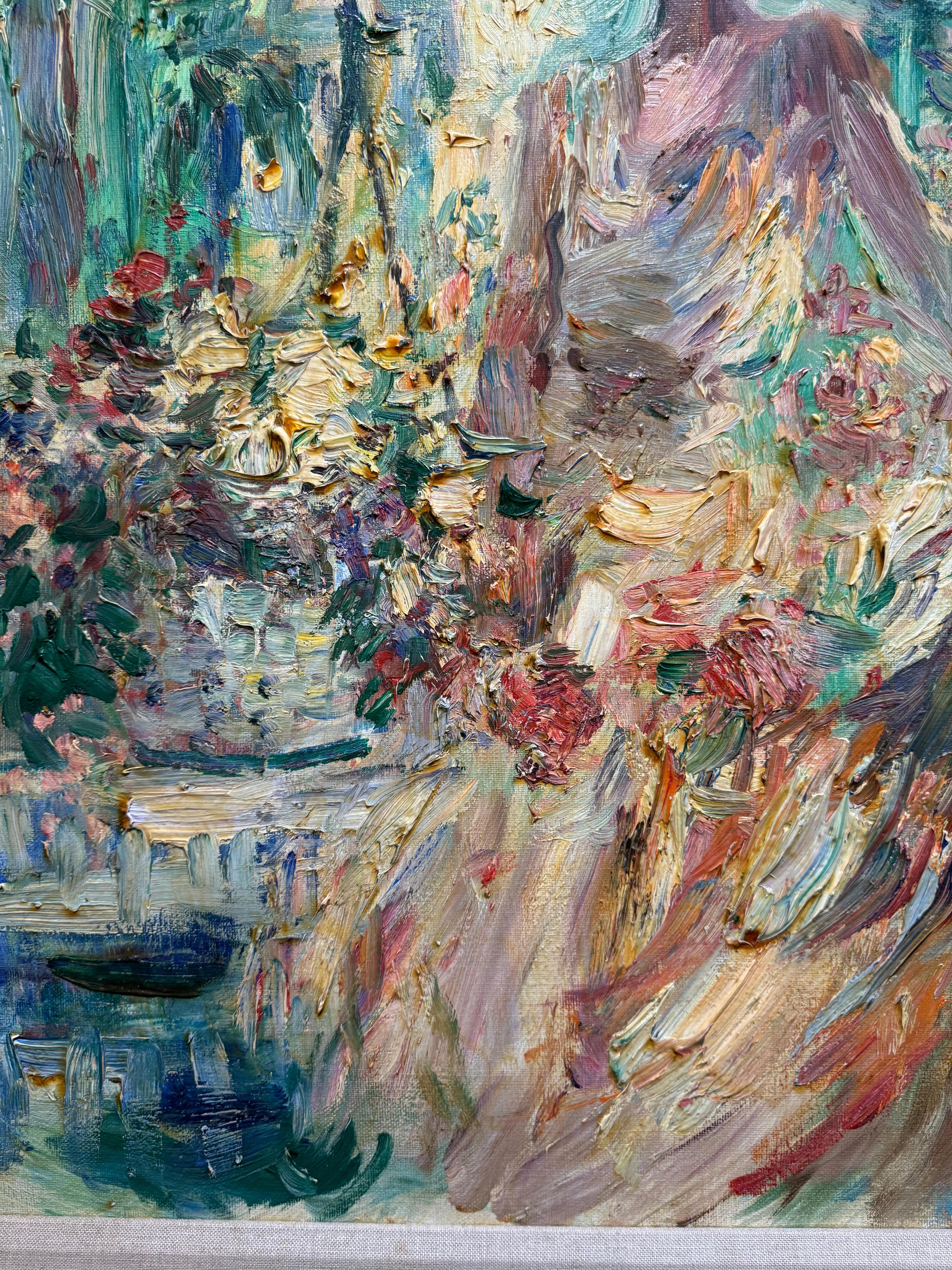 IMPRESSIONISTA americana Donna ritagliata con cappelli e mazzo di fiori sulla veranda in vendita 4