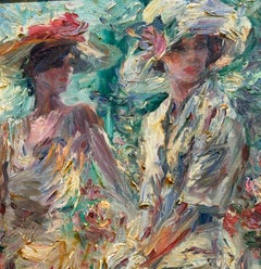 IMPRESSIONISTA americana Donna ritagliata con cappelli e mazzo di fiori sulla veranda