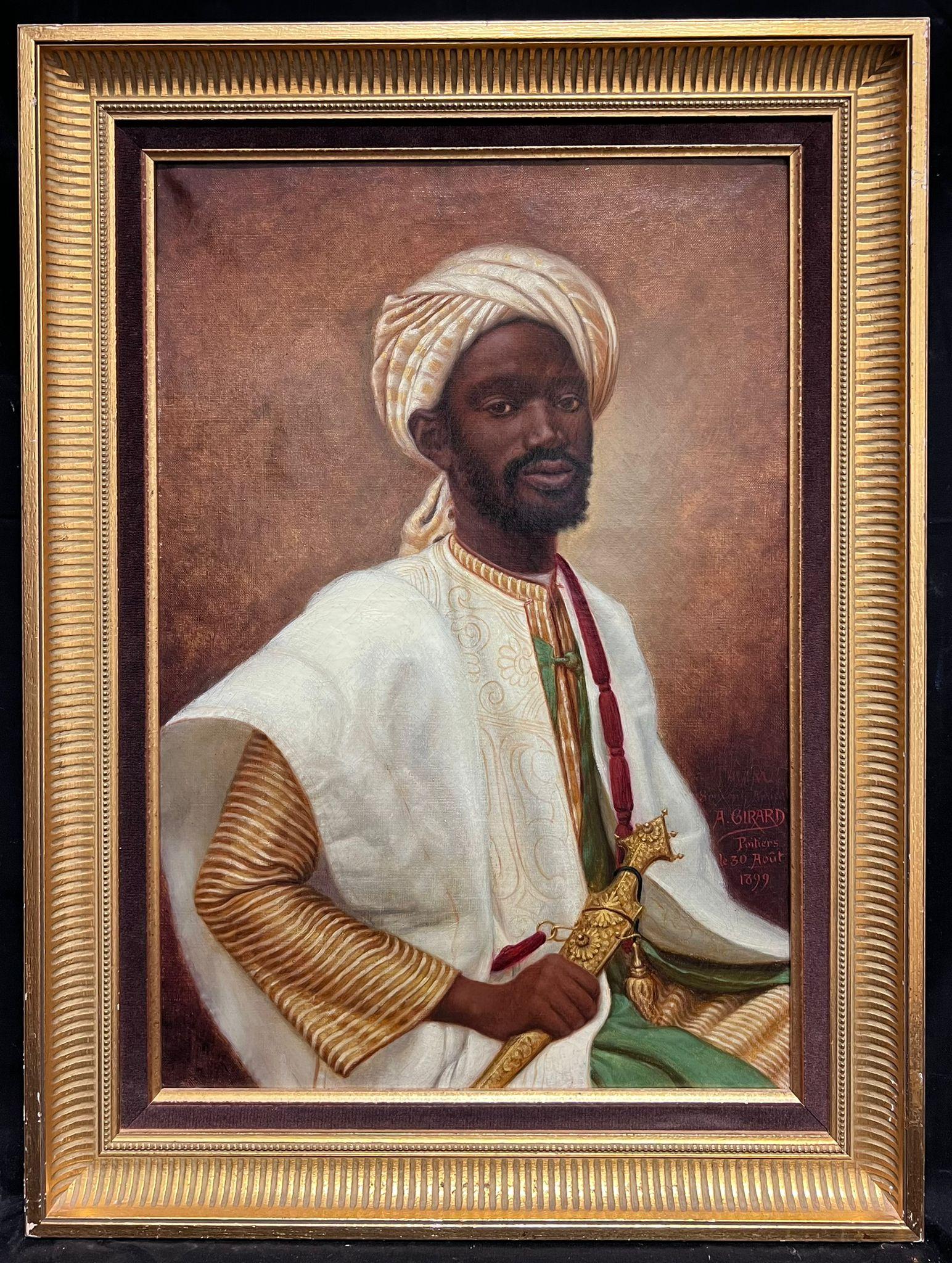 Regal Portrait of an African Nobleman
by Paul Albert Girard (1839 - 1920)
signed & dated 1899, 
oil on canvas, framed
Framed: 26 x 19.5 inches
Canvas: 22 x 15 inches
Provenance: Private collection, Paris, France
Condition: The painting is in very