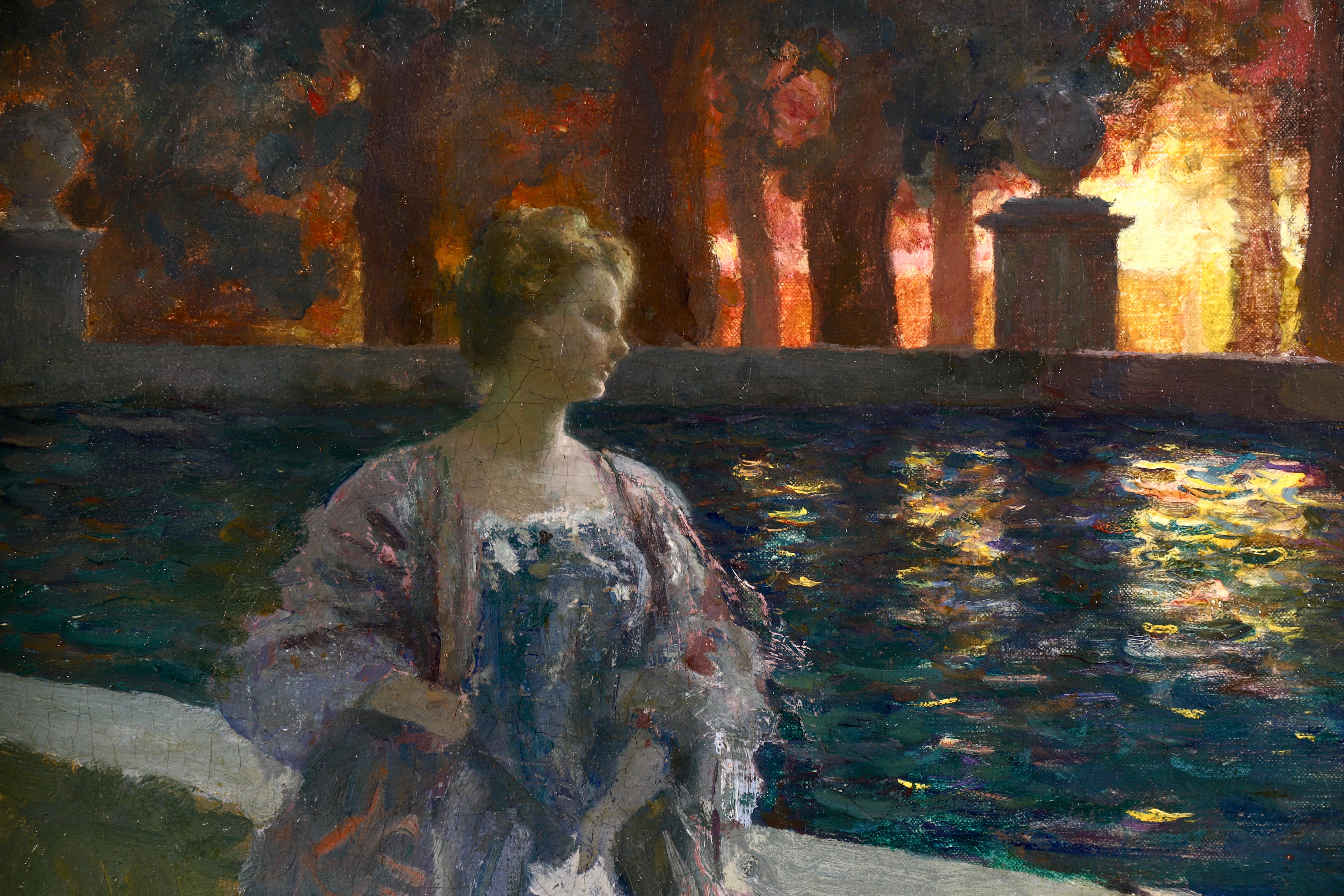 Pres du basin - a nuit - Impressionist Oil, Figure in Landscape by P A Laurens 4