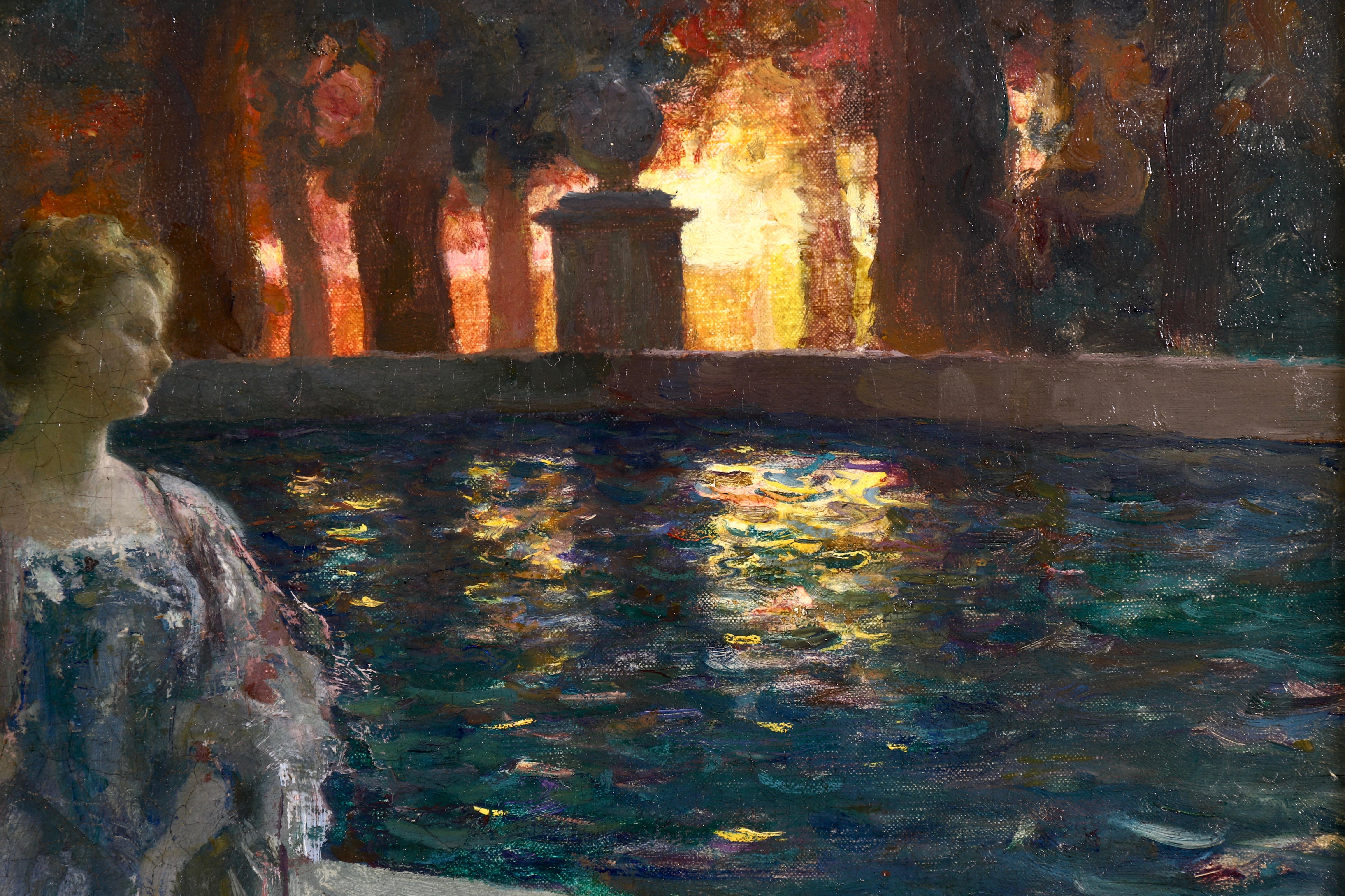 Pres du basin - a nuit - Impressionist Oil, Figure in Landscape by P A Laurens 5