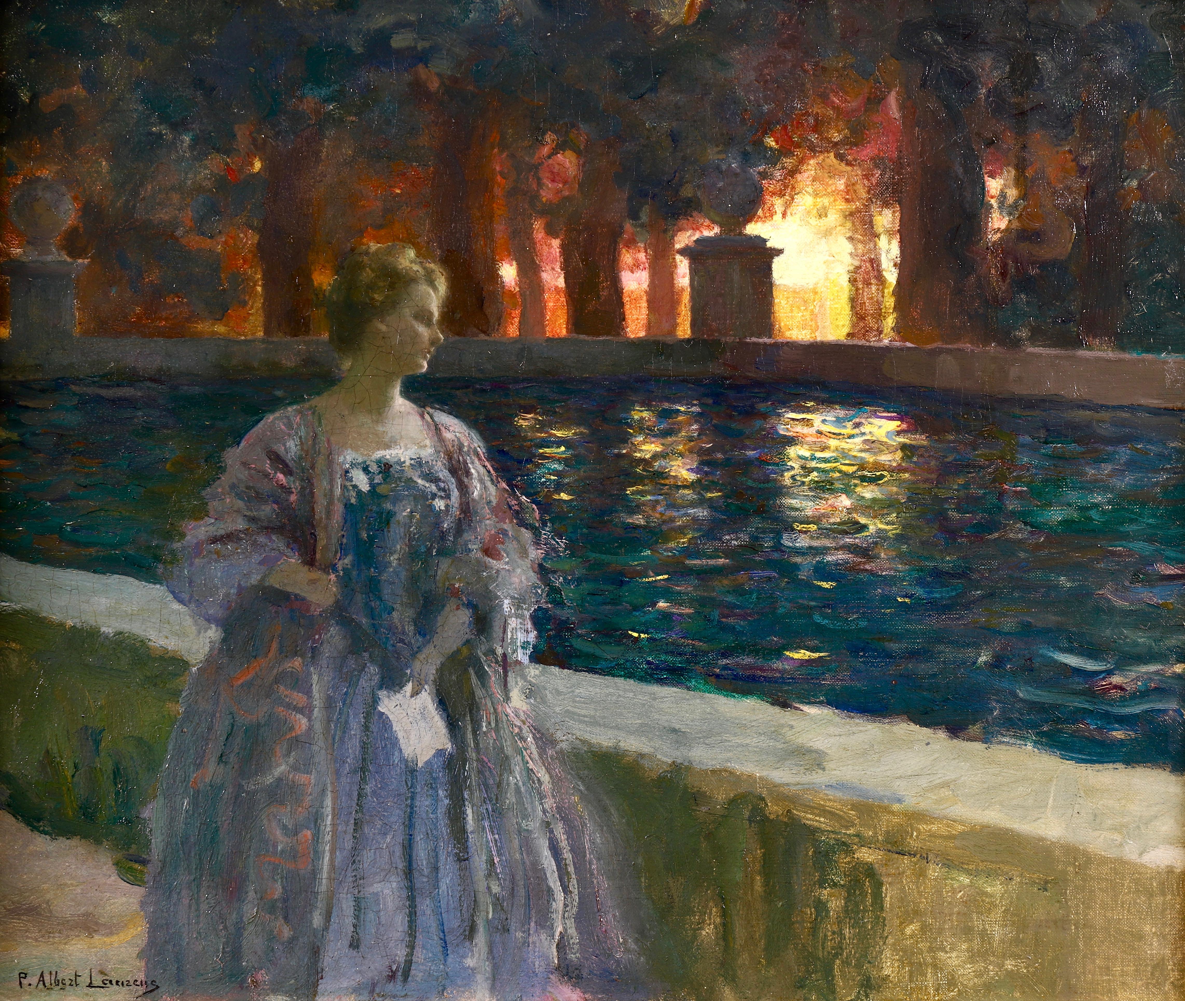 Pres du basin - a nuit - Impressionist Oil, Figure in Landscape by P A Laurens - Painting by Paul Albert Laurens
