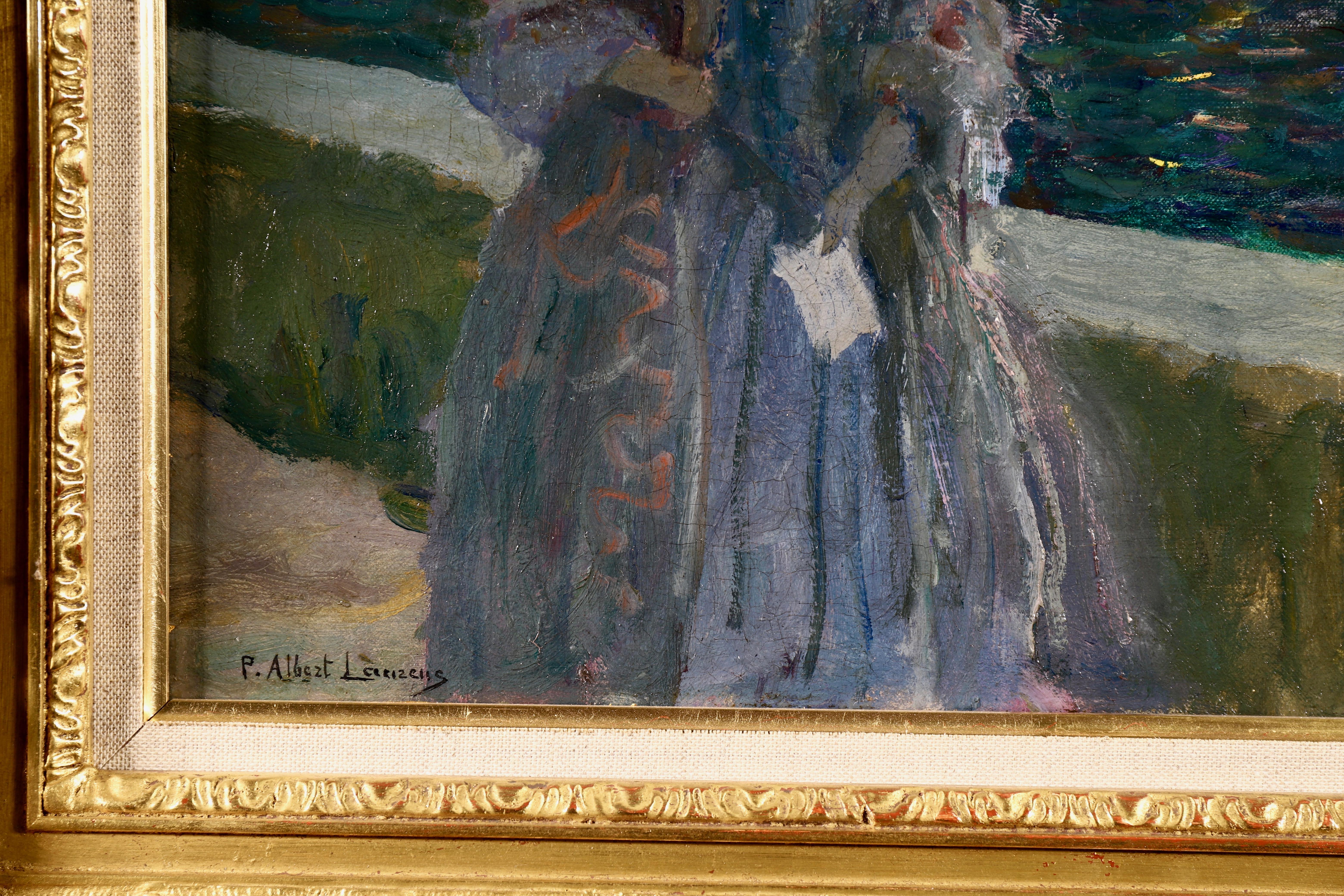 Pres du basin - a nuit - Impressionist Oil, Figure in Landscape by P A Laurens - Black Landscape Painting by Paul Albert Laurens