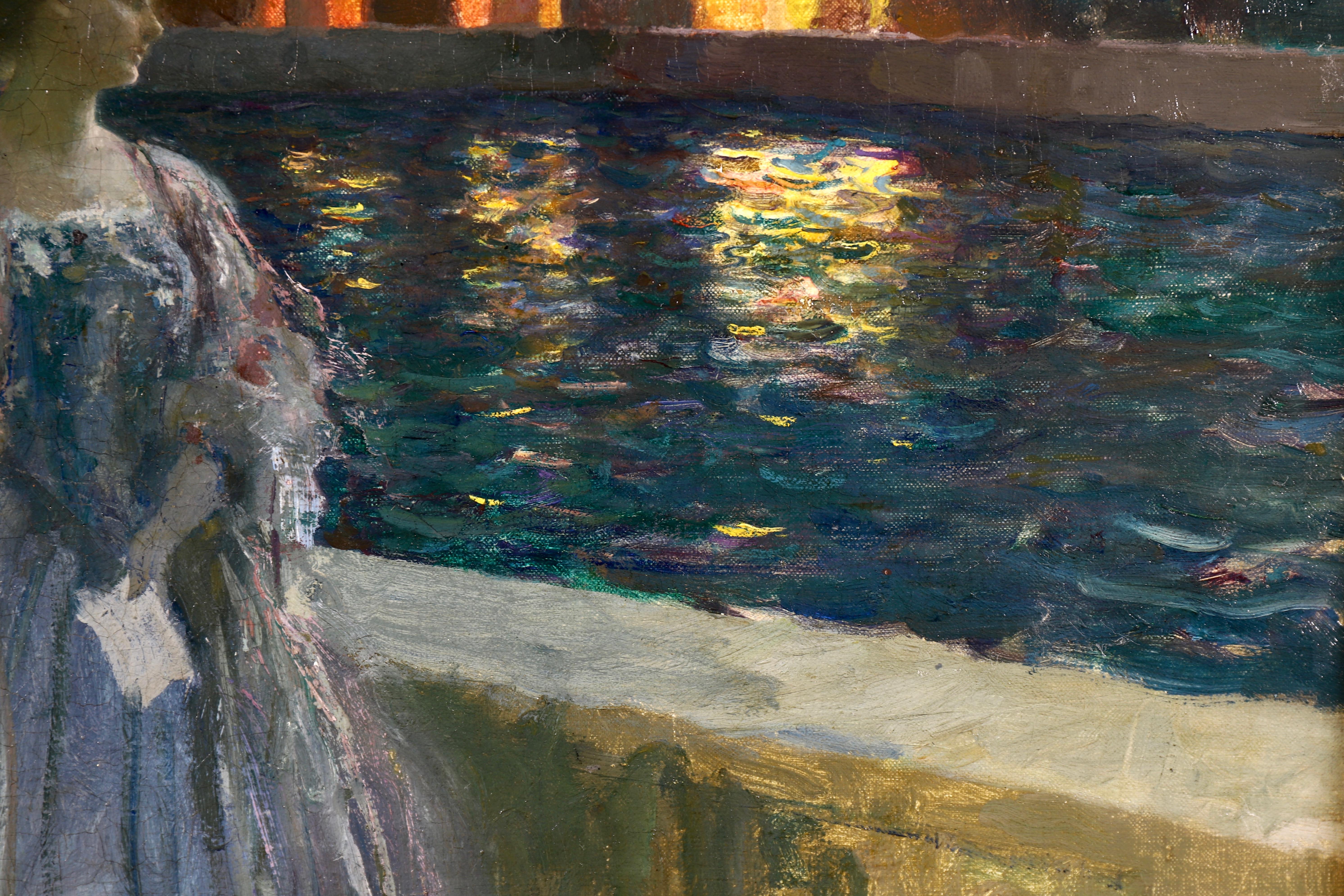 Pres du basin - a nuit - Impressionist Oil, Figure in Landscape by P A Laurens 1