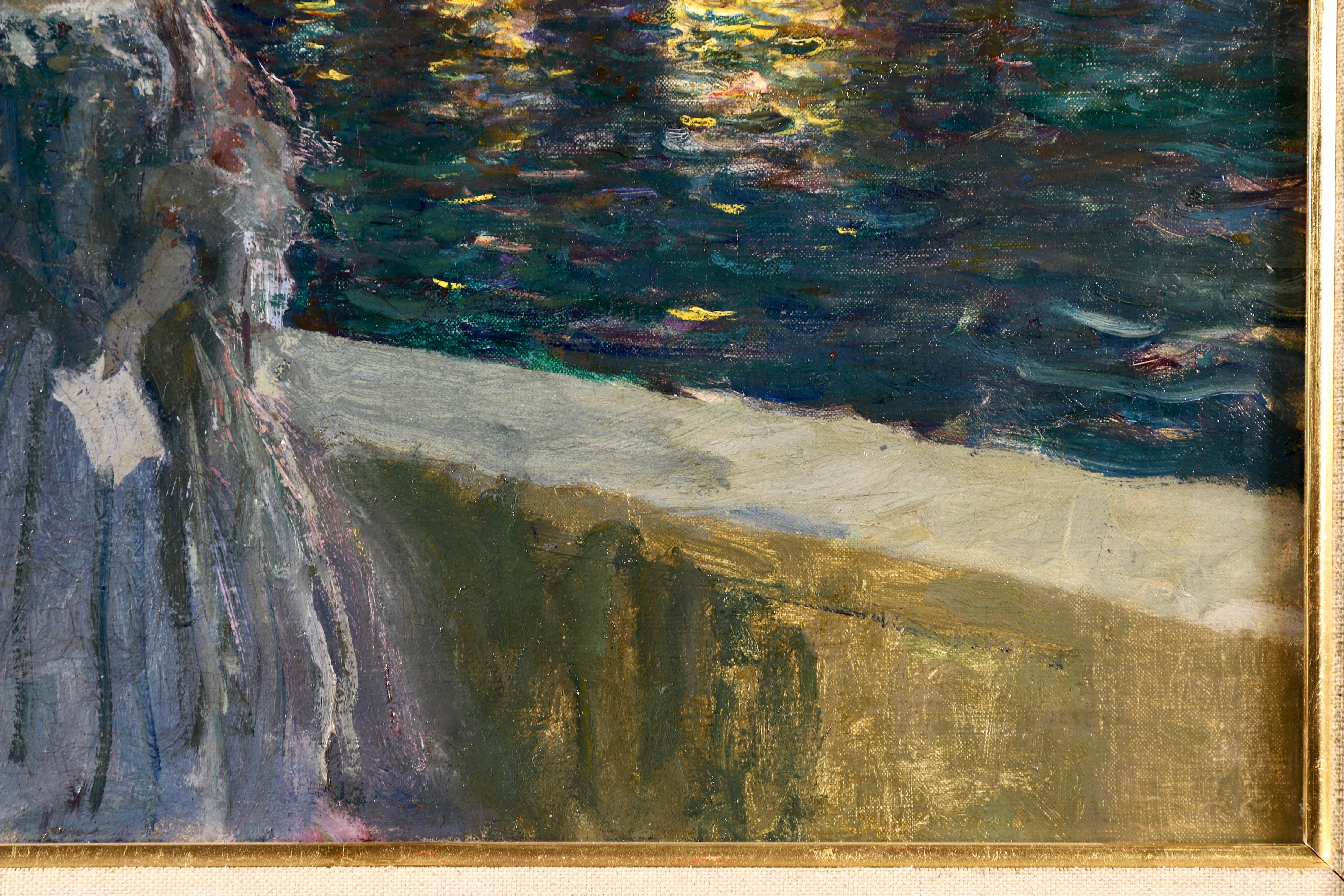 Pres du basin - a nuit - Impressionist Oil, Figure in Landscape by P A Laurens 2