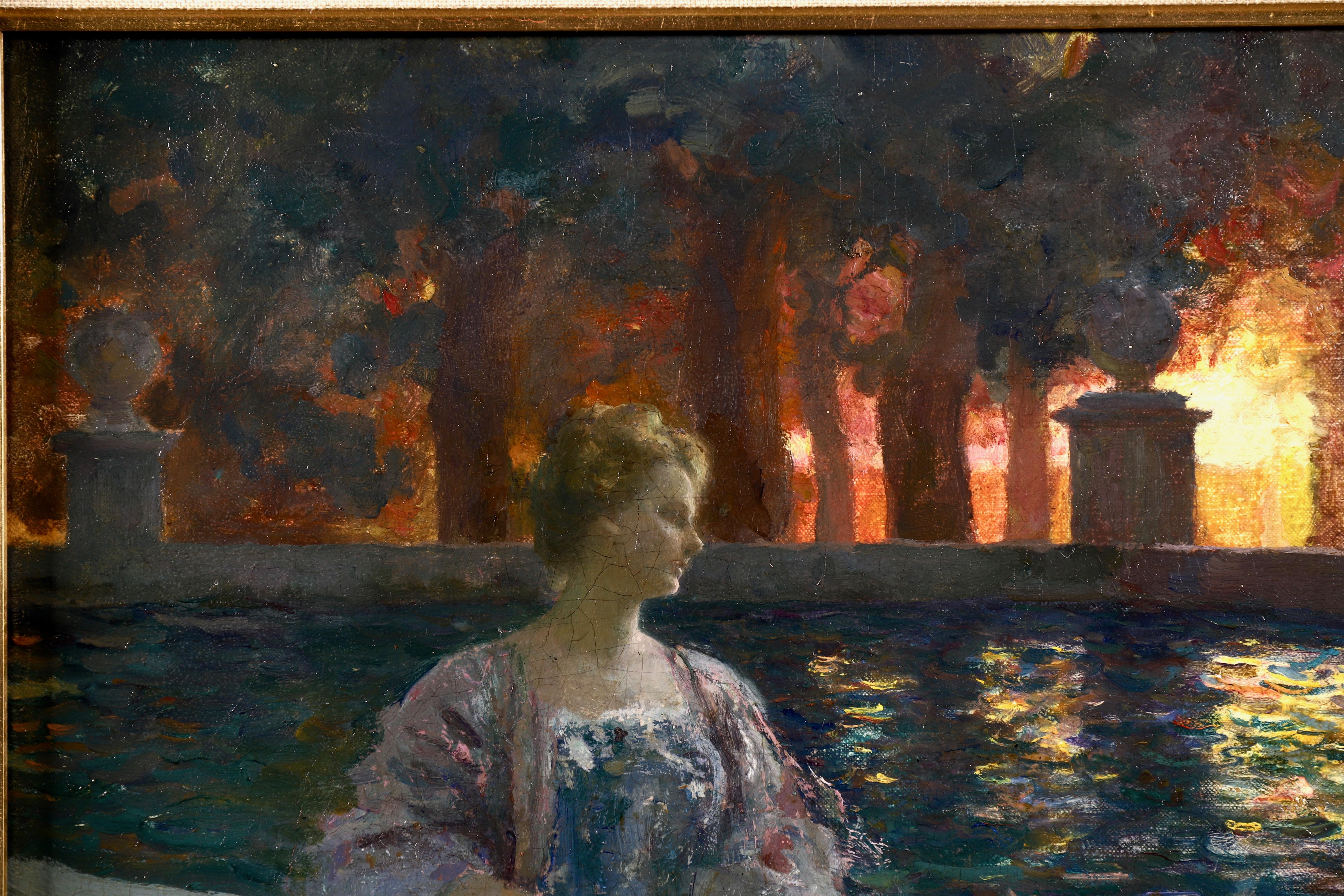 Pres du basin - a nuit - Impressionist Oil, Figure in Landscape by P A Laurens 3