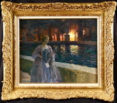 Antique Pres du basin - a nuit - Impressionist Oil, Figure in Landscape by P A Laurens