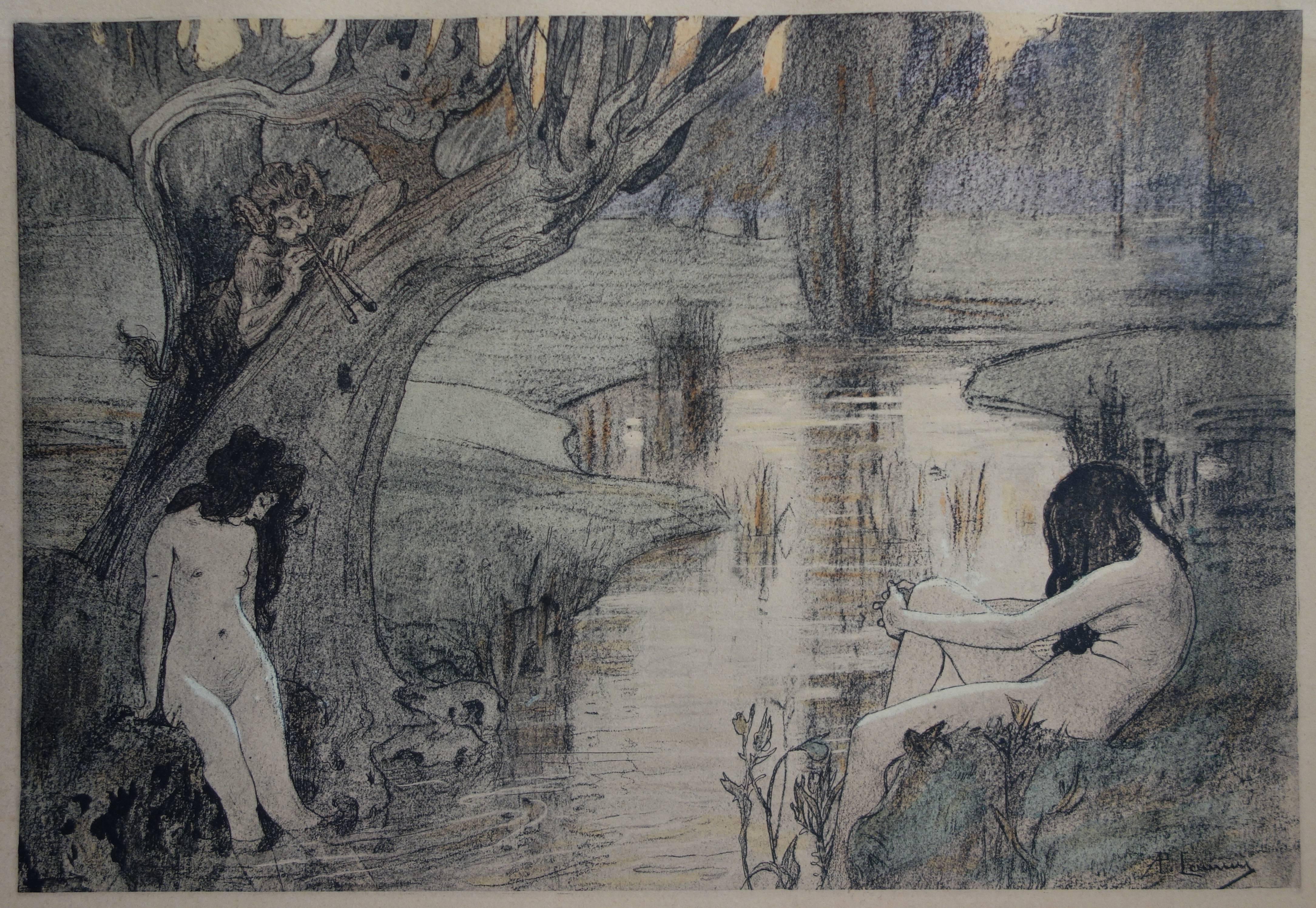 Bath of the Nymphs - Original lithograph - 1897 - Art Nouveau Print by Paul Albert Laurens