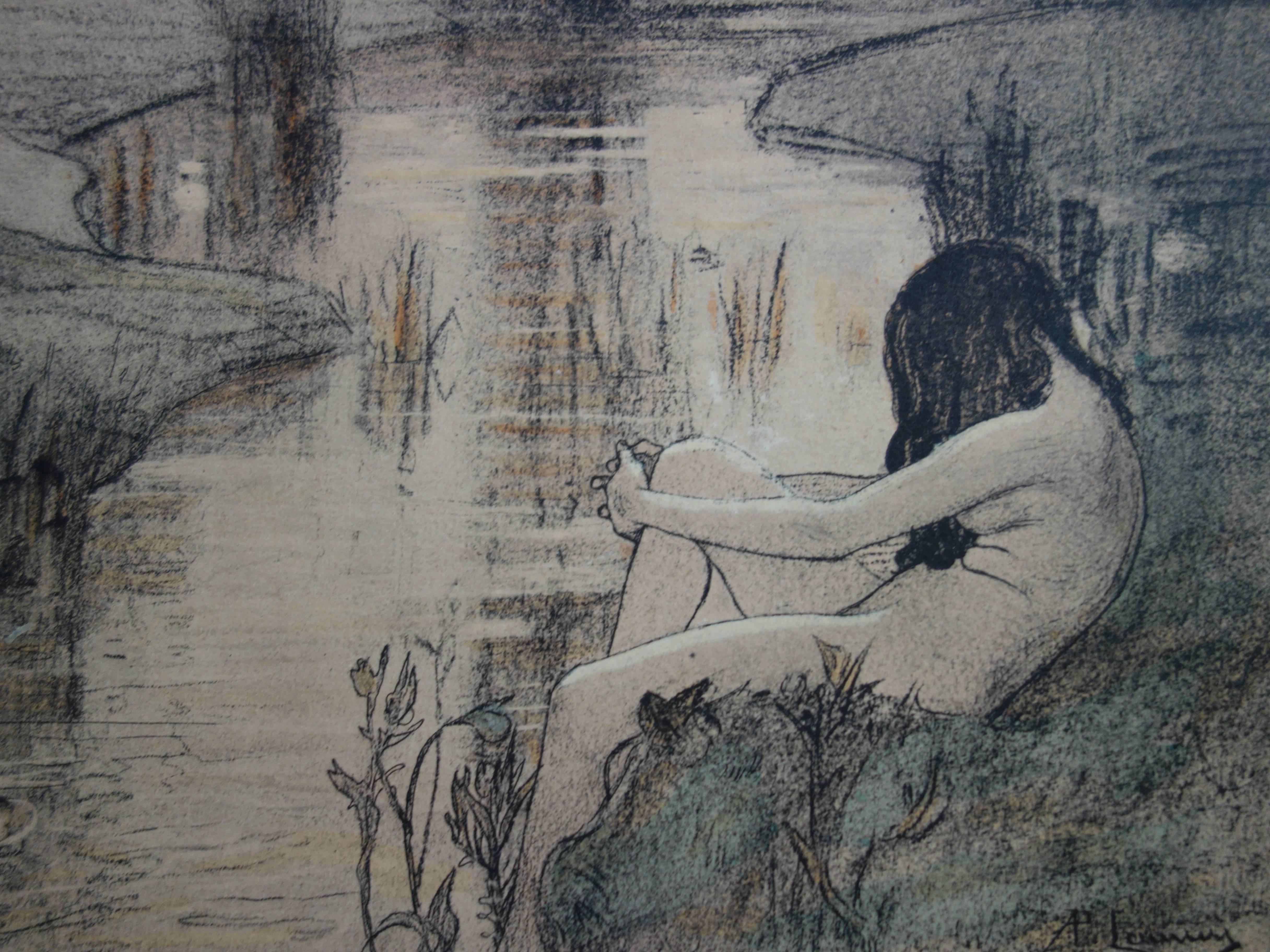 Bath of the Nymphs - Original lithograph - 1897 - Gray Figurative Print by Paul Albert Laurens
