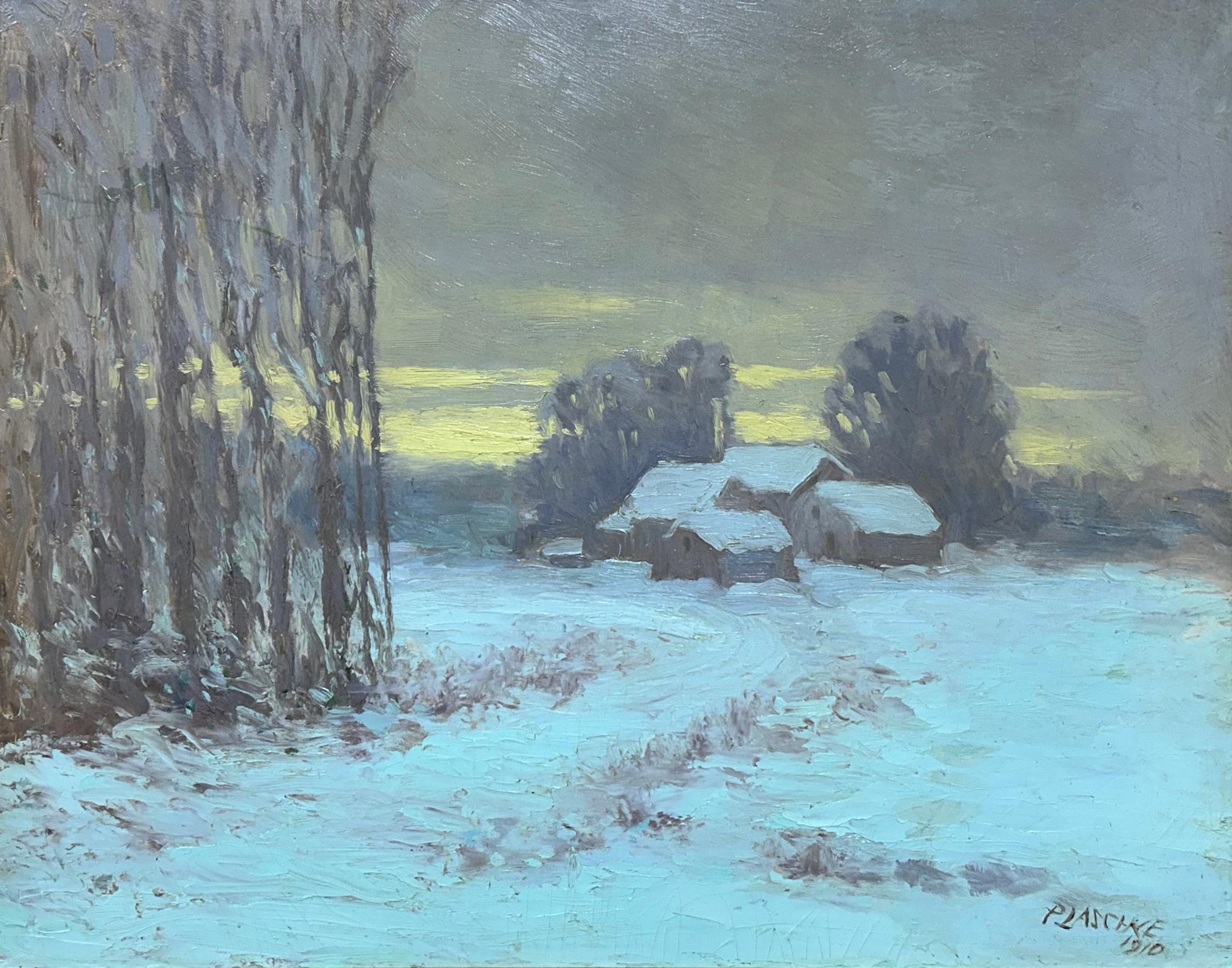 Paul Albert Plaschke Landscape Painting - Impressionist Plein Air Winter Landscape by German American painter, 1910
