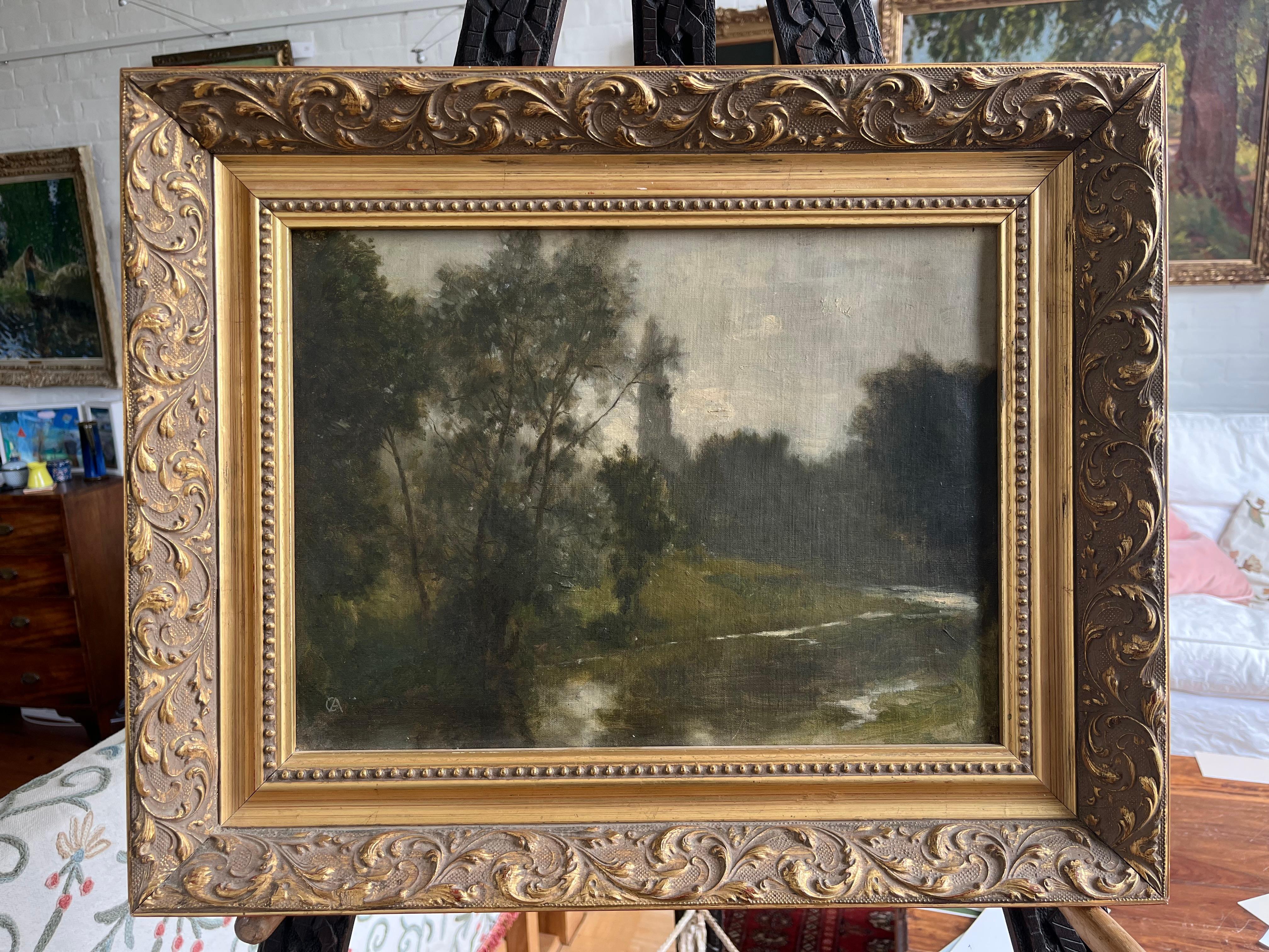 Alfred de Curzon, óleo francés del siglo XIX, paisaje fluvial en venta 13