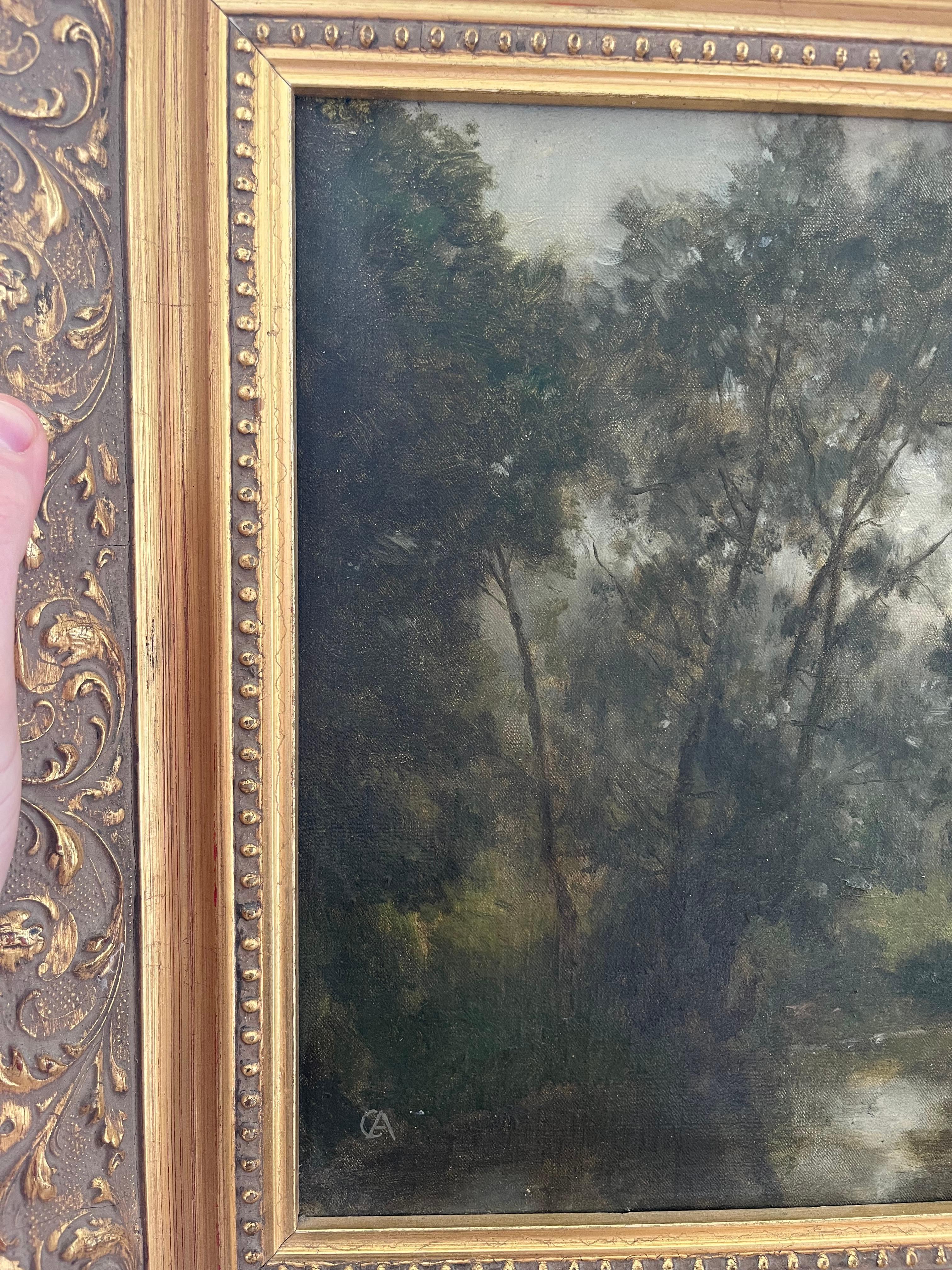 Alfred de Curzon, óleo francés del siglo XIX, paisaje fluvial - Painting Impresionista de Paul-Alfred de Curzon