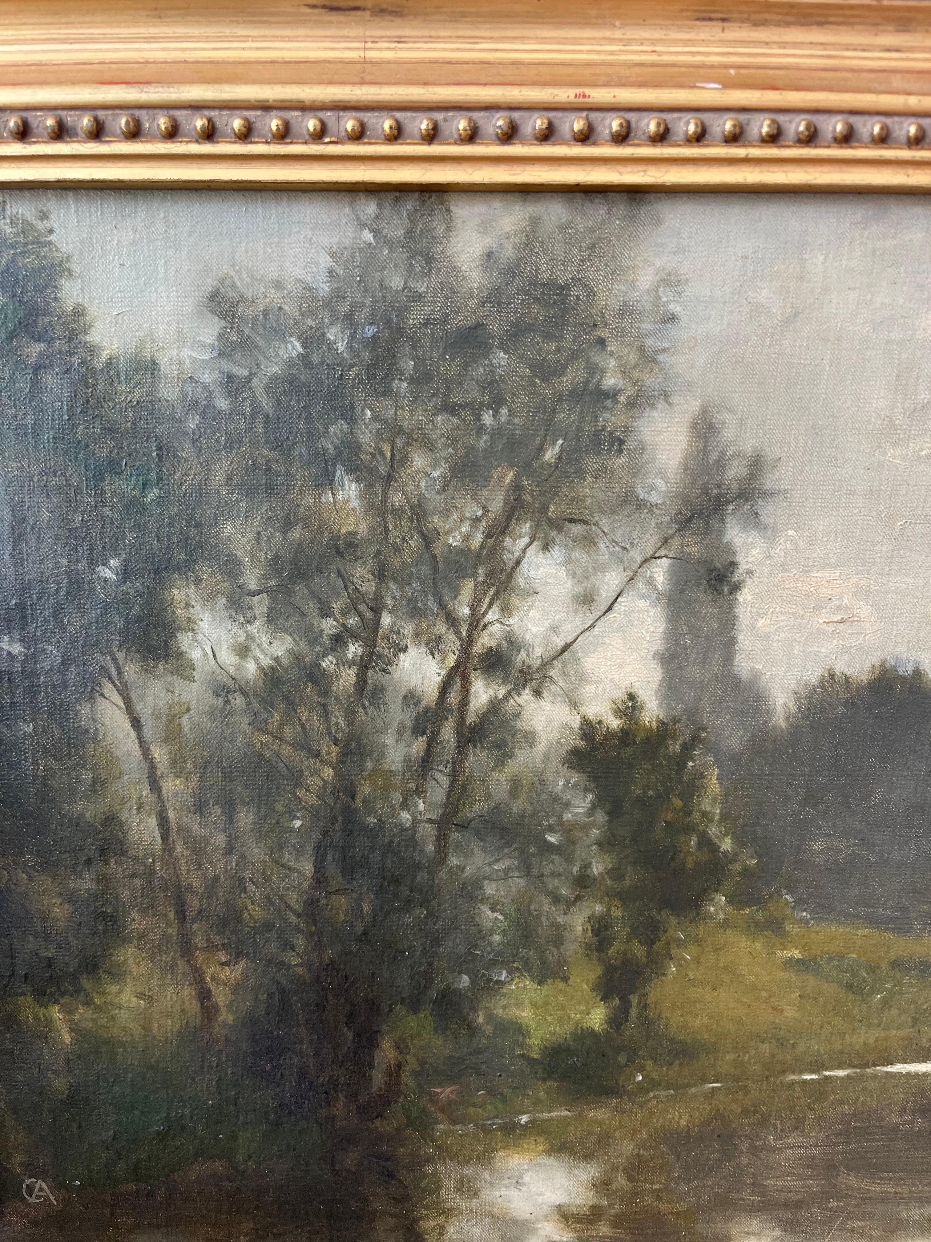 Alfred de Curzon, óleo francés del siglo XIX, paisaje fluvial - Landscape Painting Marrón de Paul-Alfred de Curzon