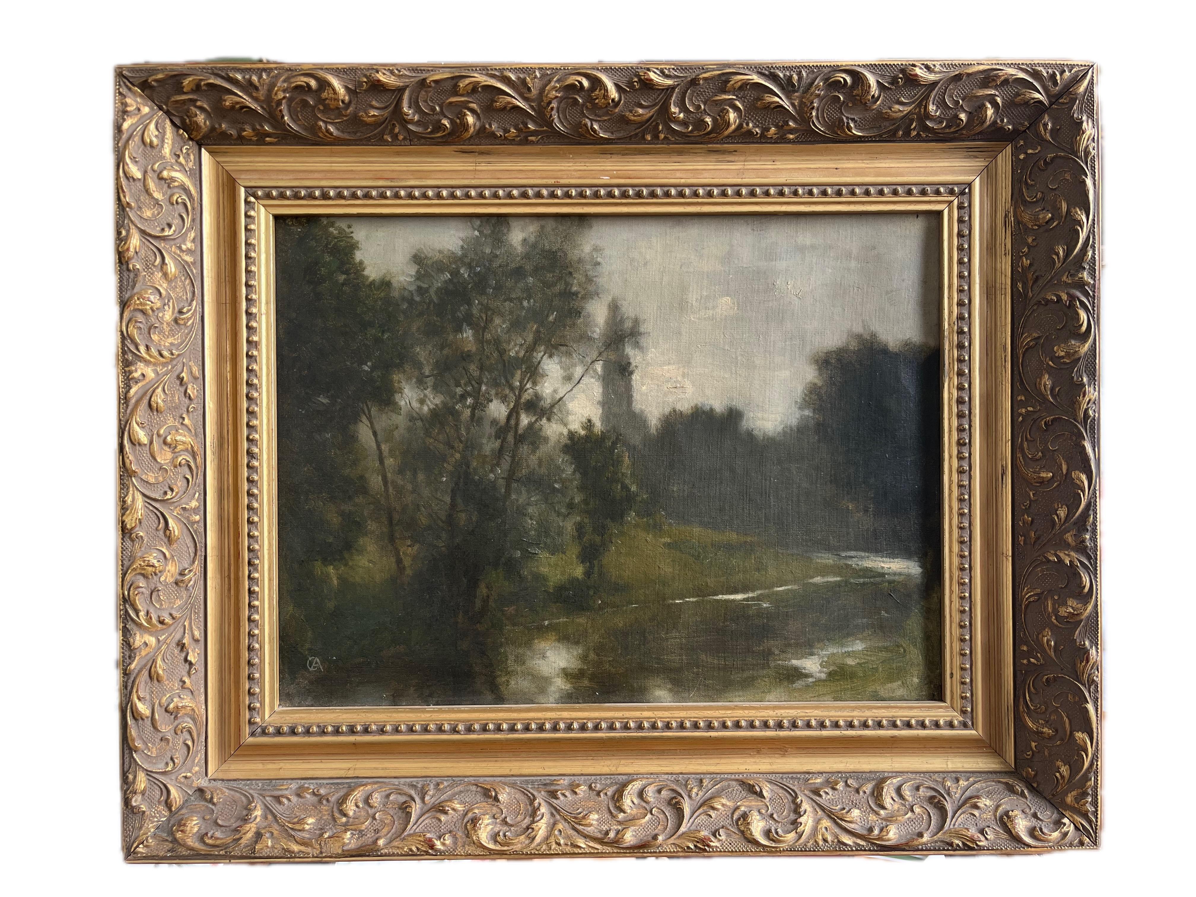 Landscape Painting de Paul-Alfred de Curzon - Alfred de Curzon, óleo francés del siglo XIX, paisaje fluvial