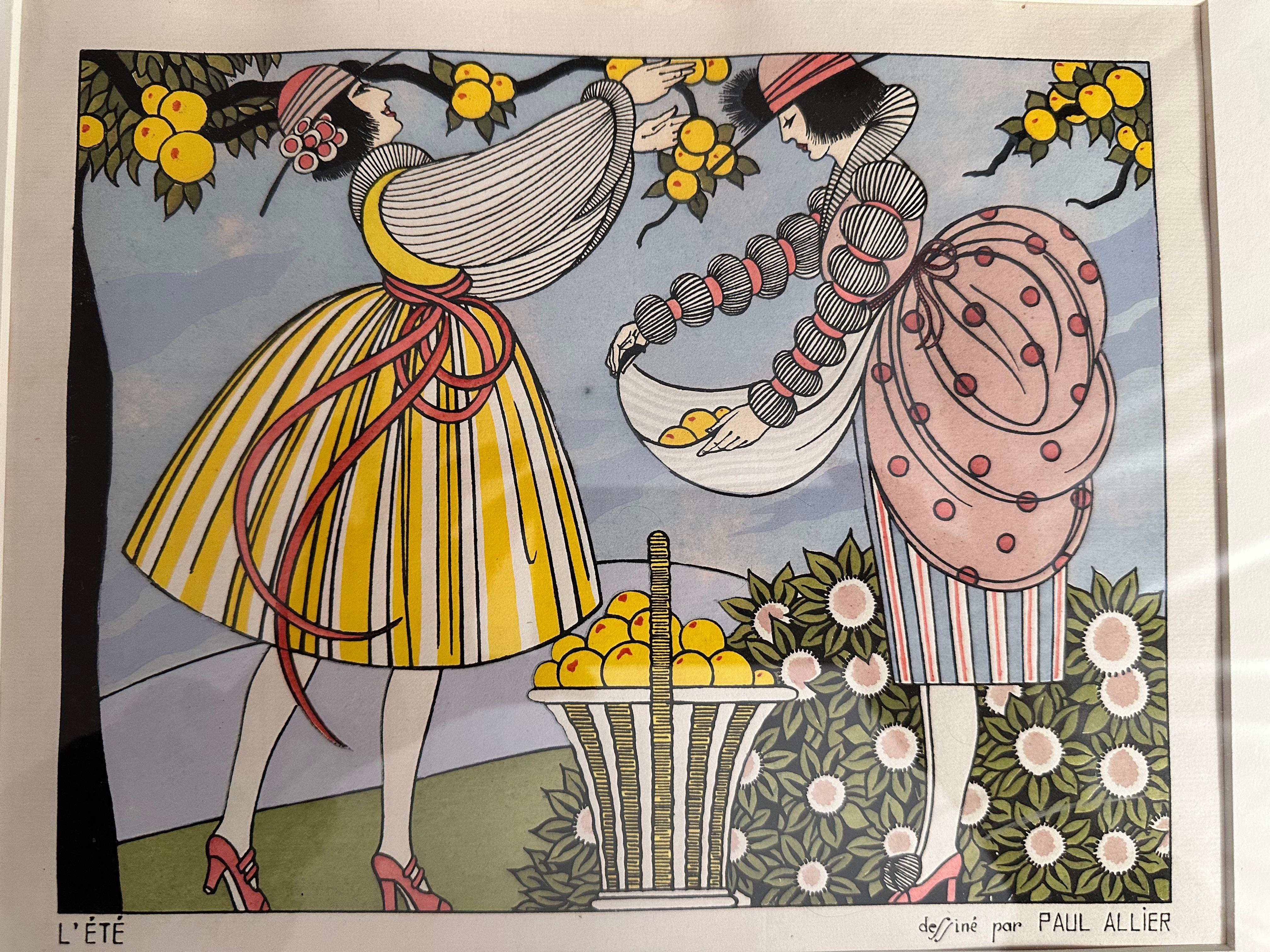 Allier's colorful, charming illustrations of the four seasons, winter, summer, spring, and fall, done in beautiful pochoir coloring.  Each image reads 