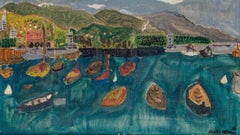 1950 naive French oil painting of a small port in the mediterranean by Altman