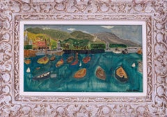 1950 naive French oil painting of a small port in the mediterranean by Altman