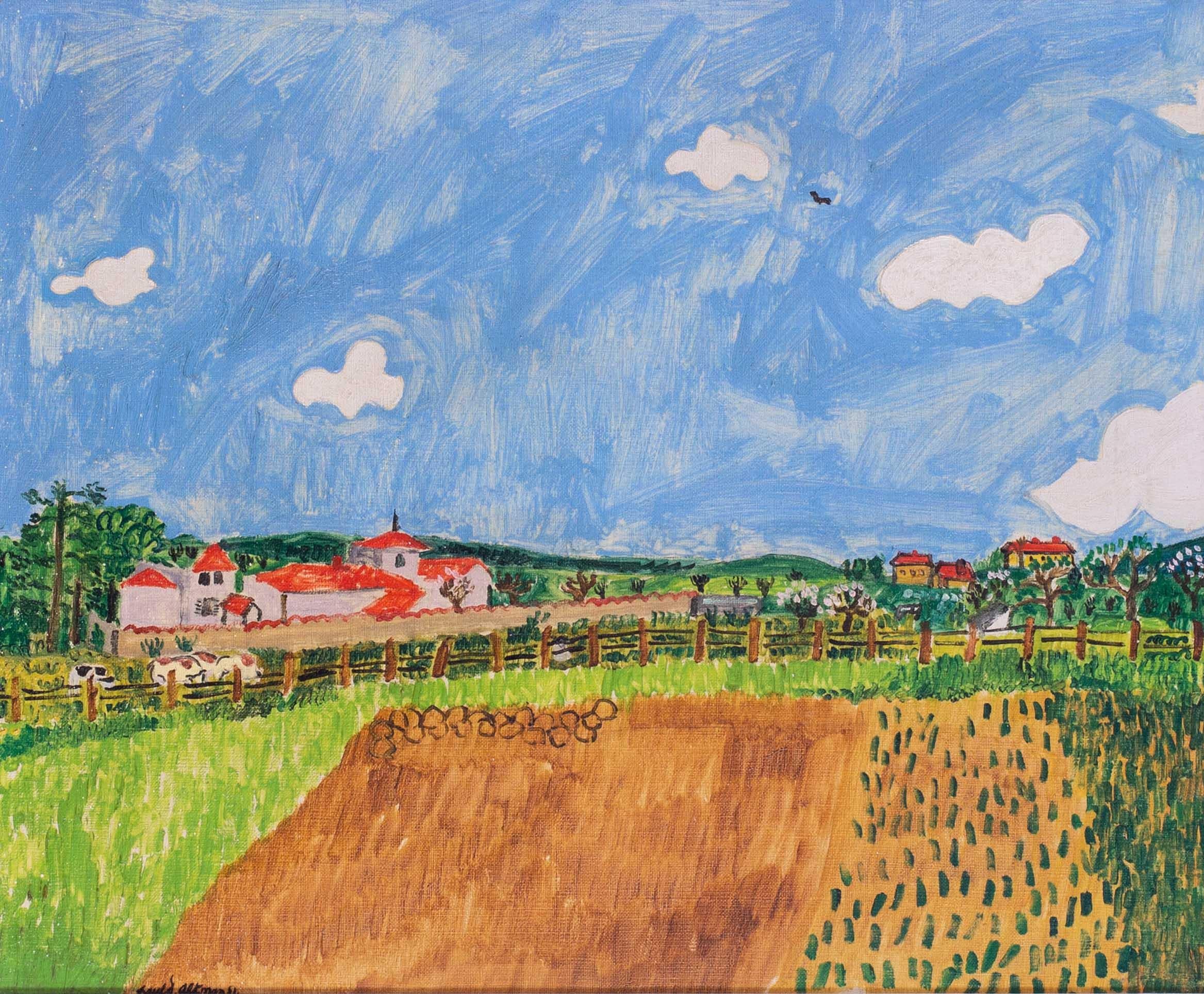 1951 naive French landscape oil painting of the French countryside by Altman - Painting by Paul Altman