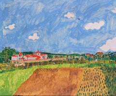 1951 naive French landscape oil painting of the French countryside by Altman