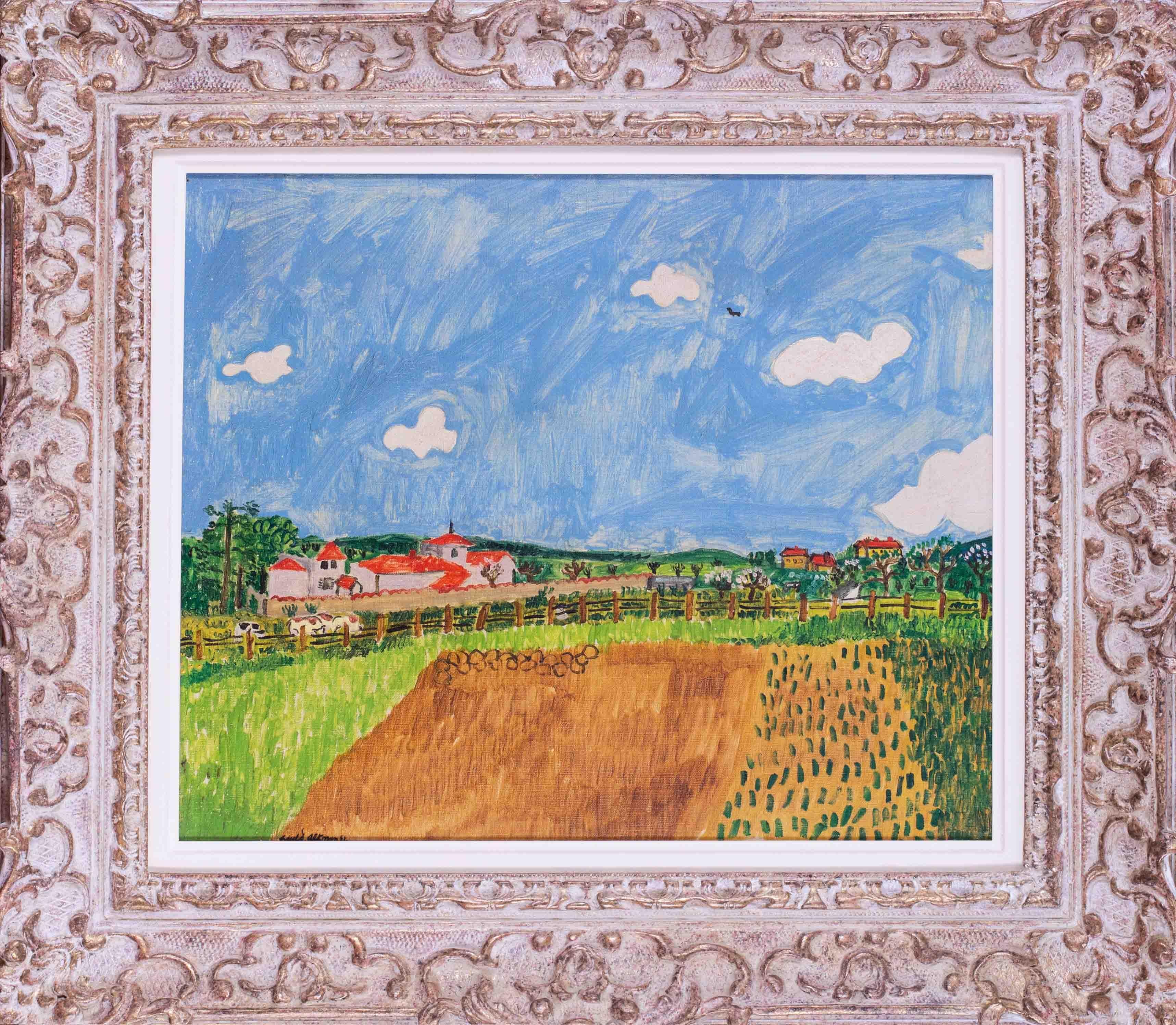 Paul Altman Landscape Painting - 1951 naive French landscape oil painting of the French countryside by Altman