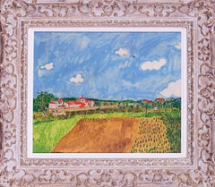 1951 Paysage naïf français peinture à l'huile de la campagne française par Altman