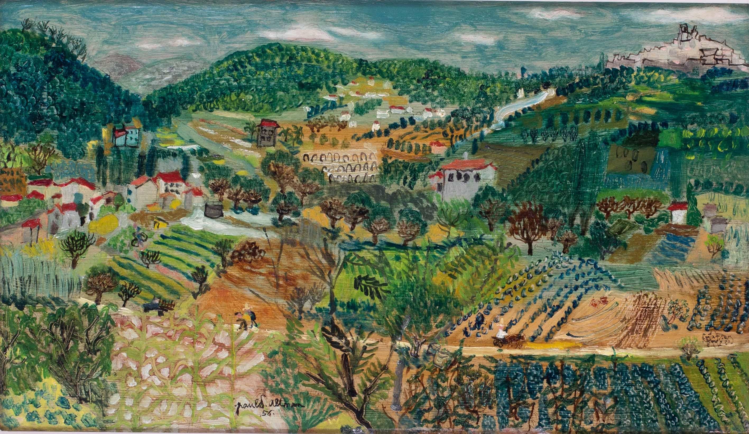 1956 naive French landscape oil painting of the village La Colle sur Loup France - Painting by Paul Altman