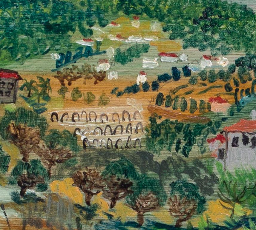 1956 naive French landscape oil painting of the village La Colle sur Loup France - Post-Impressionist Painting by Paul Altman