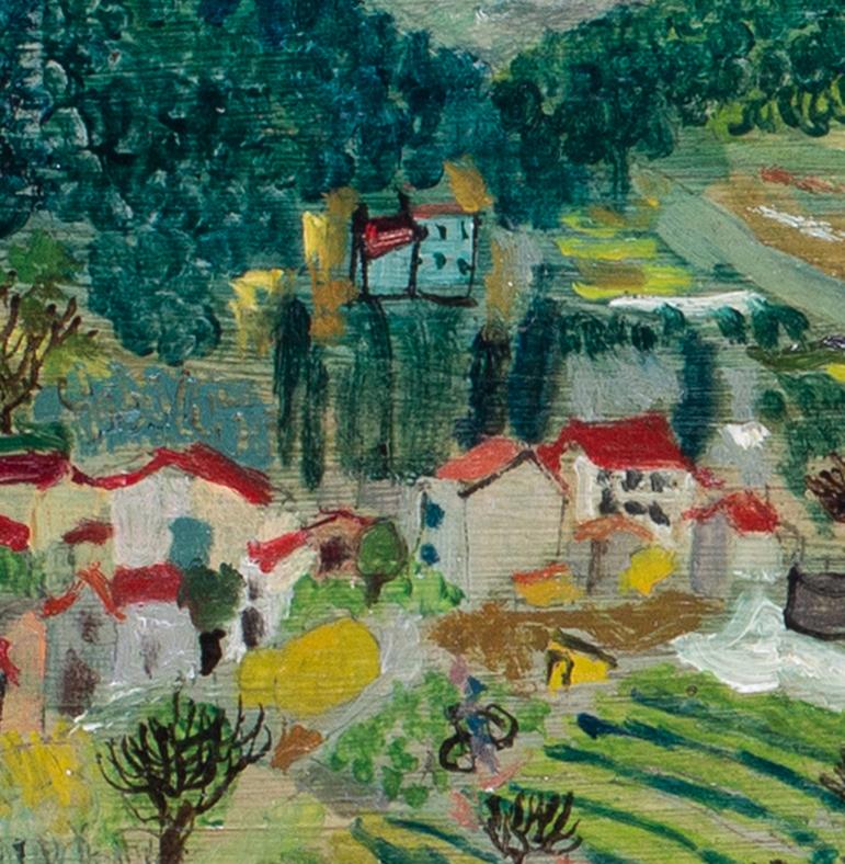 1956 naive French landscape oil painting of the village La Colle sur Loup France - Gray Landscape Painting by Paul Altman