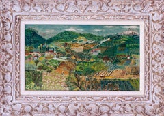 Peinture à l'huile naïve française du village de La Colle sur Loup, 1956