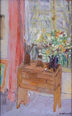 1963 naive French interior painting of a vase of flowers in front of a window