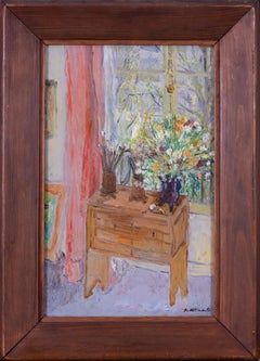 1963 naive French interior painting of a vase of flowers in front of a window