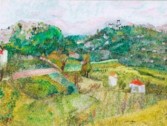 1966 naive French landscape oil painting of a castle in a landscape by Altman