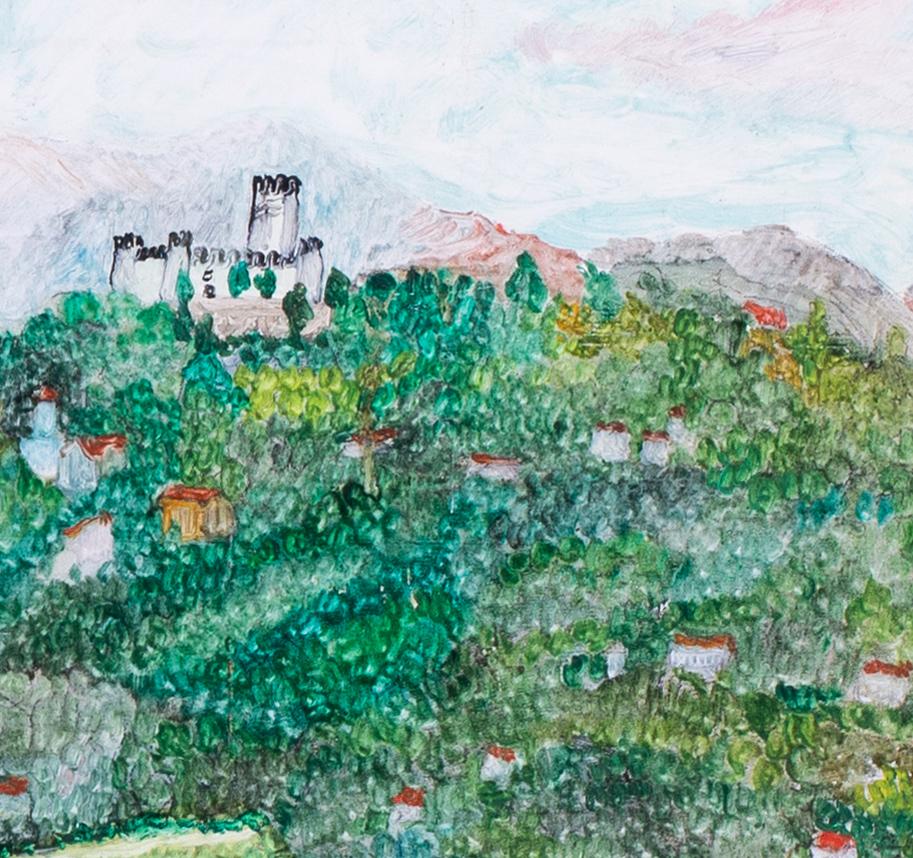 1966 naive French landscape oil painting of a castle in a landscape by Altman For Sale 1