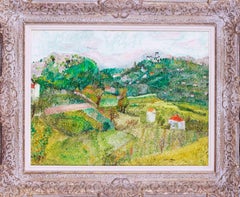 Peinture à l'huile française naïve d'un château dans un paysage par Altman, 1966