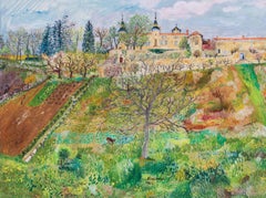 1966 naive French landscape oil painting the Nice countryside by Altman