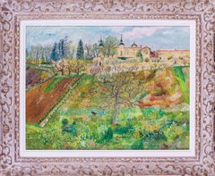 1966 peinture à l'huile d'un paysage naïf français, la campagne niçoise, par Altman