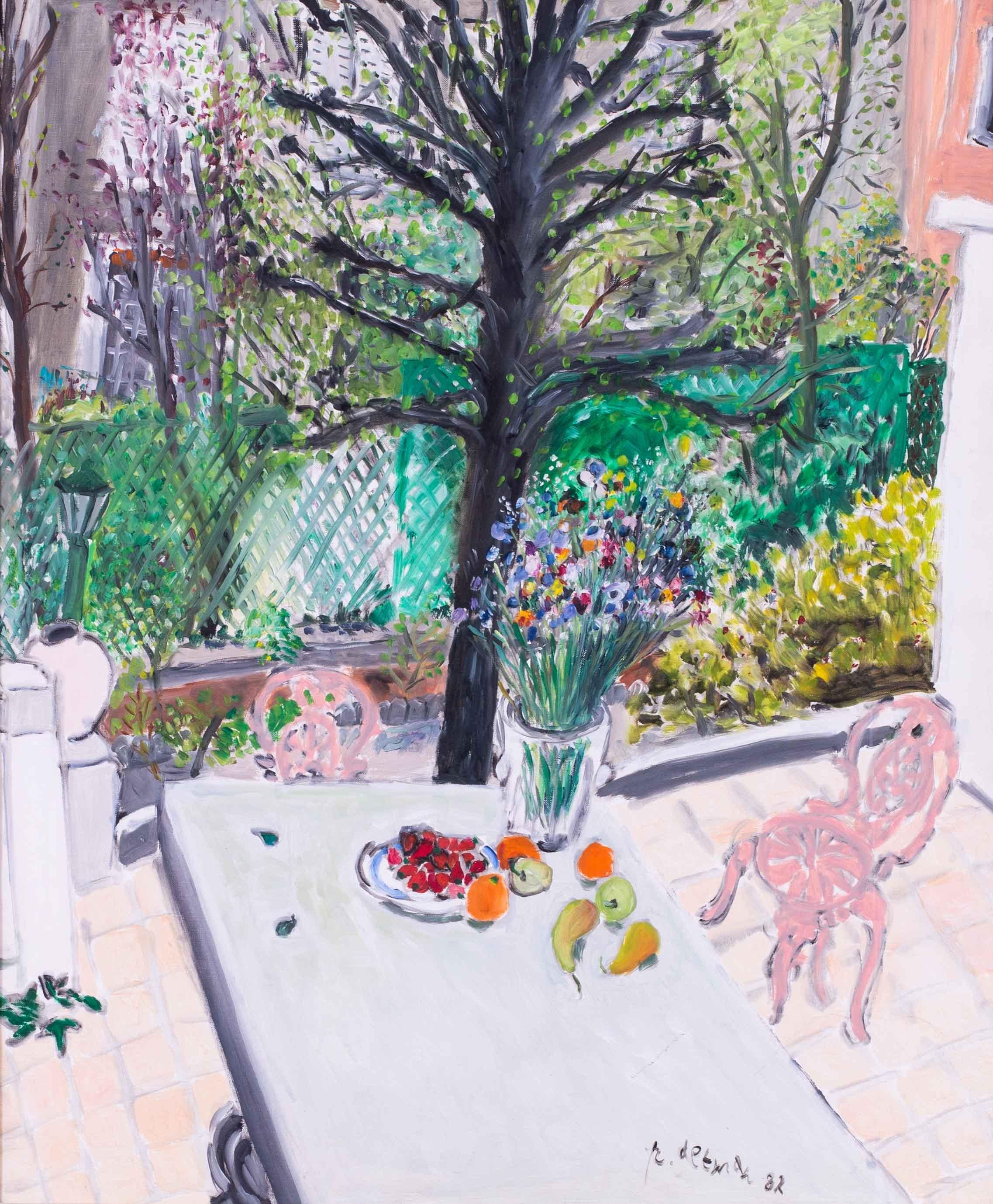1982 naive French garden scene with table and chairs by Paul Altman 1