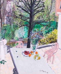 1982 naive French garden scene with table and chairs by Paul Altman