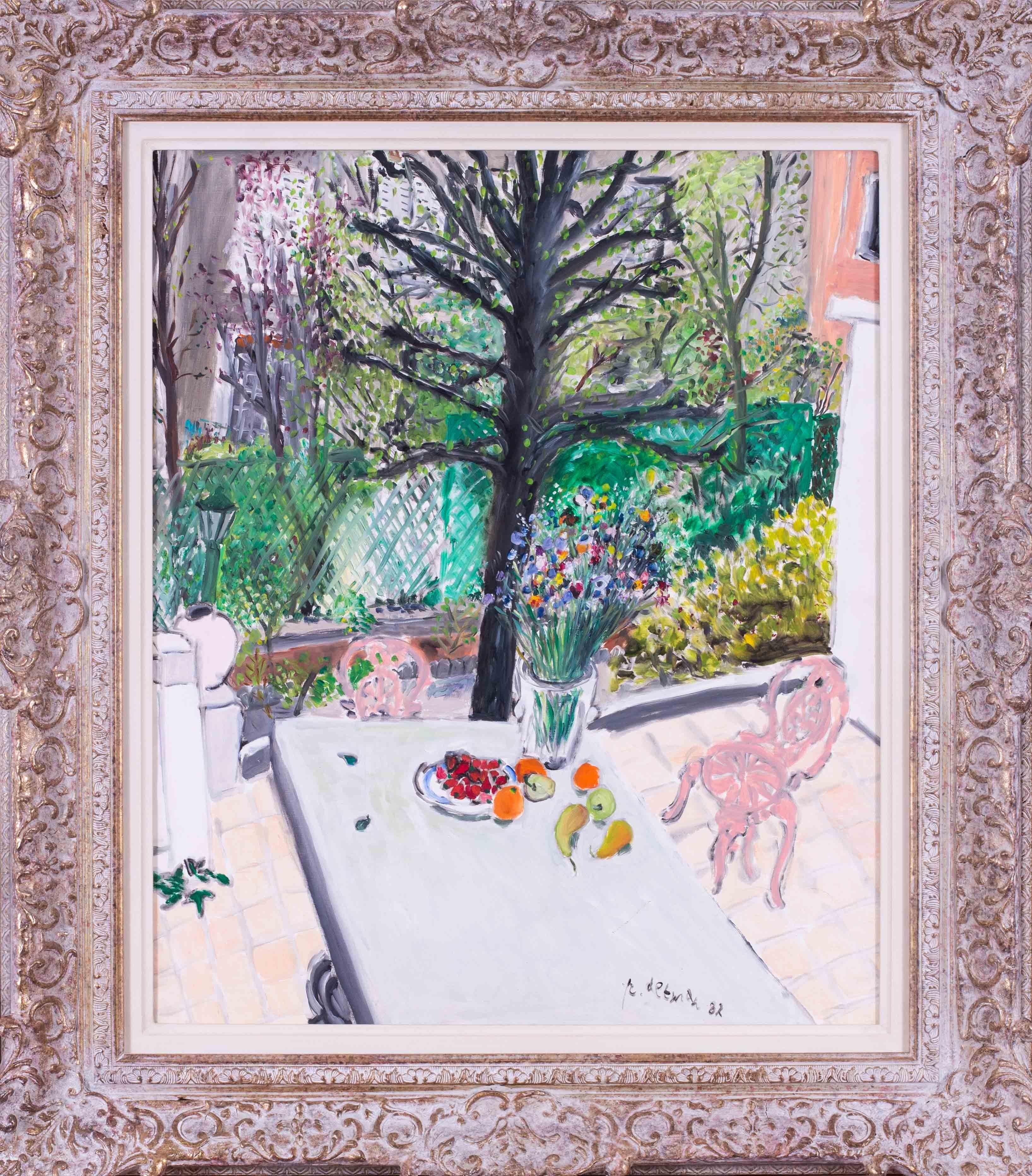 1982 naive French garden scene with table and chairs by Paul Altman