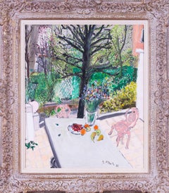 Vintage 1982 naive French garden scene with table and chairs by Paul Altman