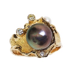 Paul Amey 14k Gold, Cook Island Black Pearl and Diamond Ring